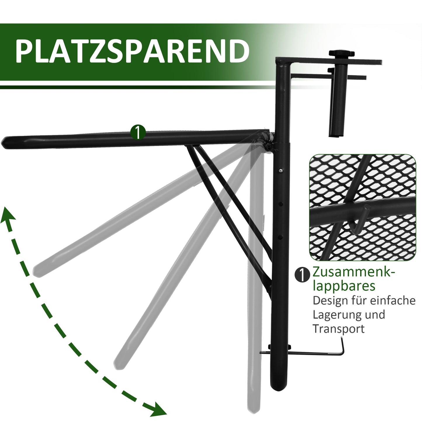 Balcony Adjustable square hanging table in metal, black, 60x56.5x45cm