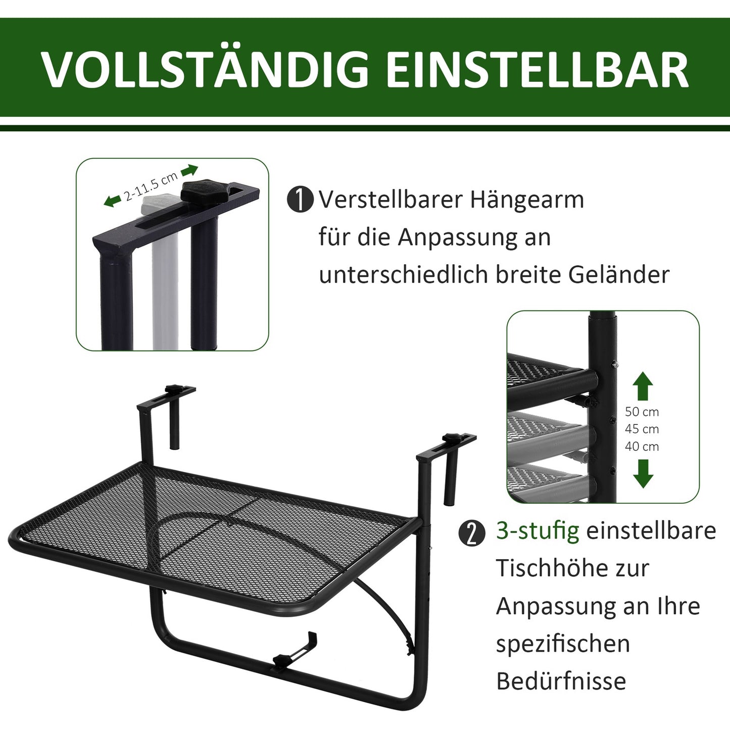 Balcony Adjustable square hanging table in metal, black, 60x56.5x45cm