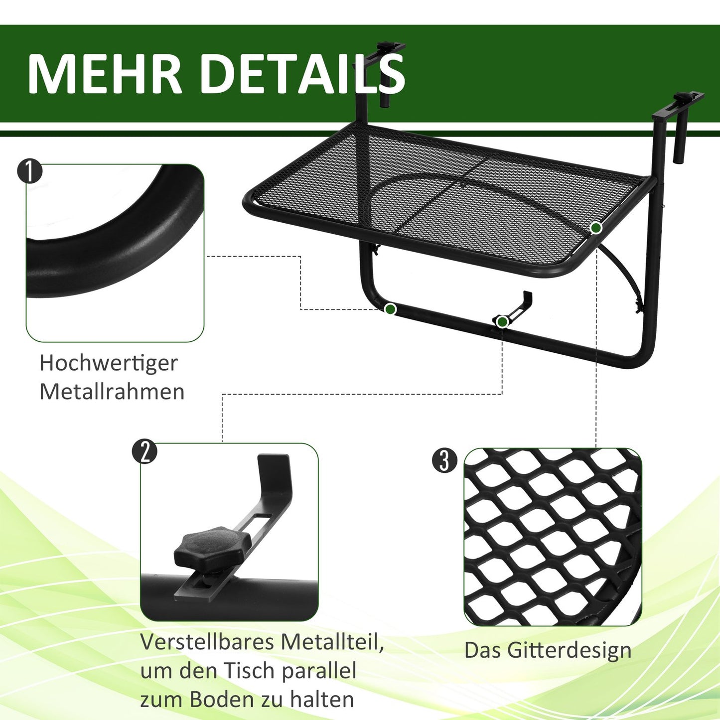 Balcony Adjustable square hanging table in metal, black, 60x56.5x45cm