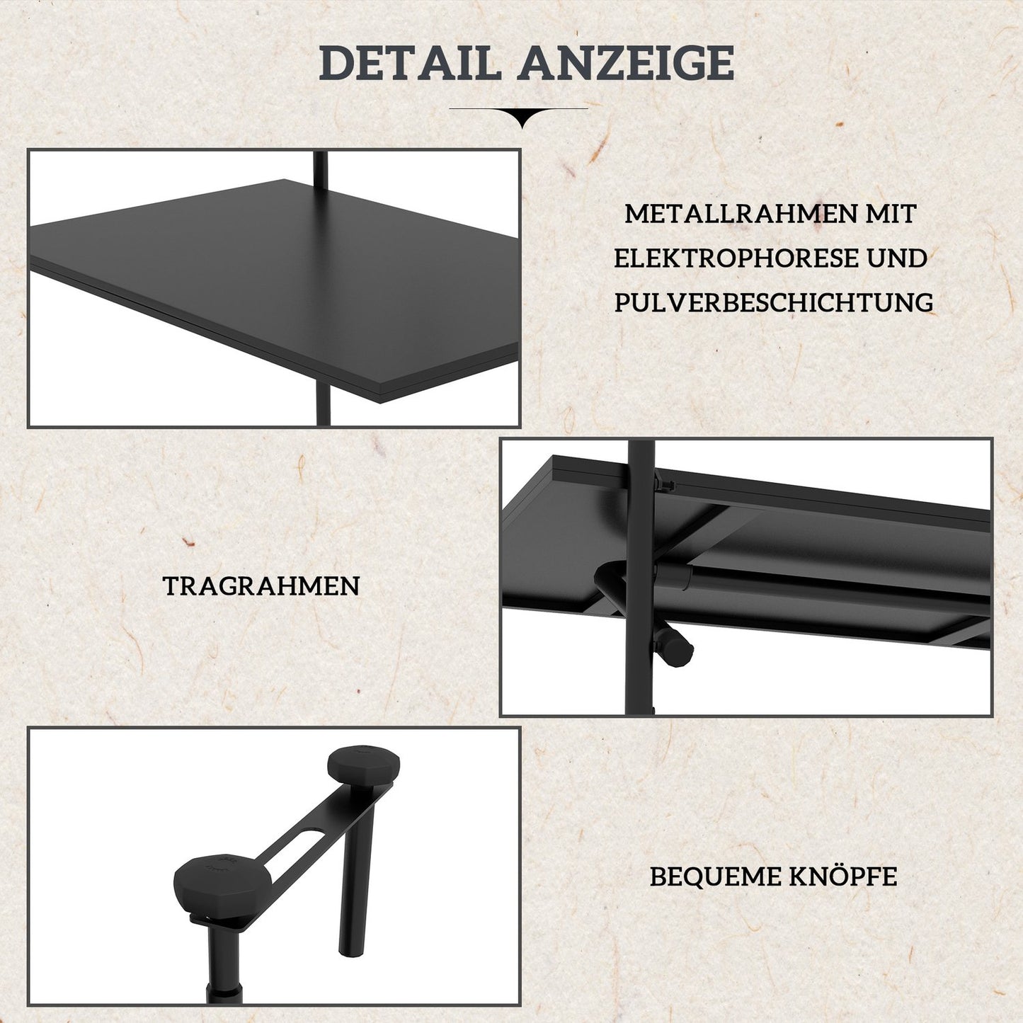 Folding balcony table, 3-way adjustable, 62x60cm, black