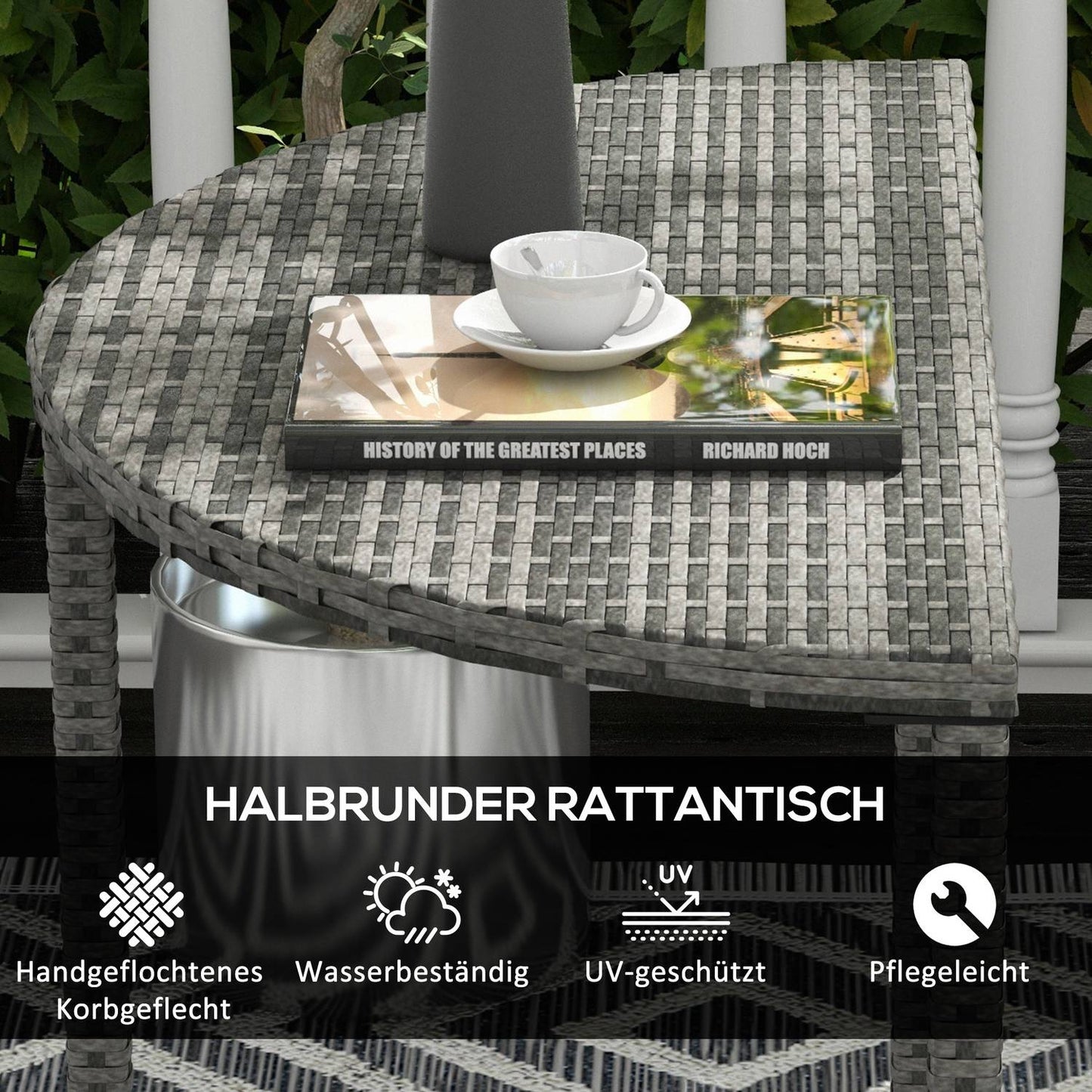 Semi-round gray polyrattan garden balcony table, 100x50x74 cm