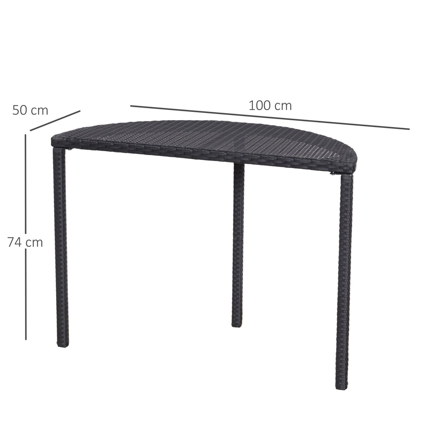 Black Polyrattan Half Round Balcony Table, 100x50x74 Cm