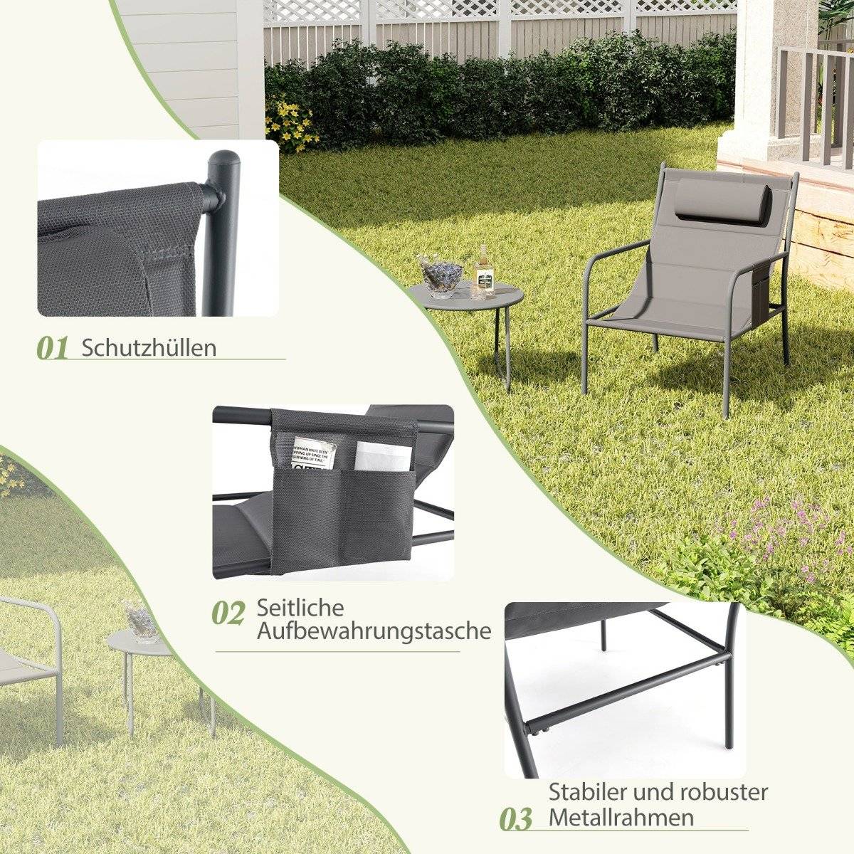 Balcony furniture set 3 pieces. Garden furniture set with 2 chairs & table balcony set with breathable seat fabric gray