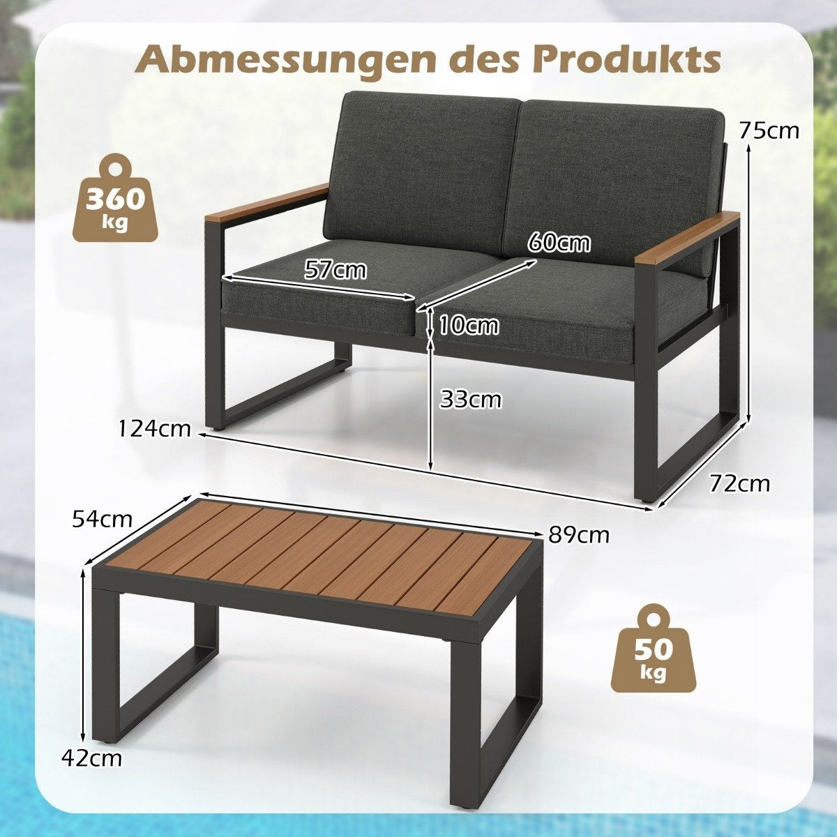 Balcony furniture weatherproof garden furniture set with aluminum frame balcony set with bench gray