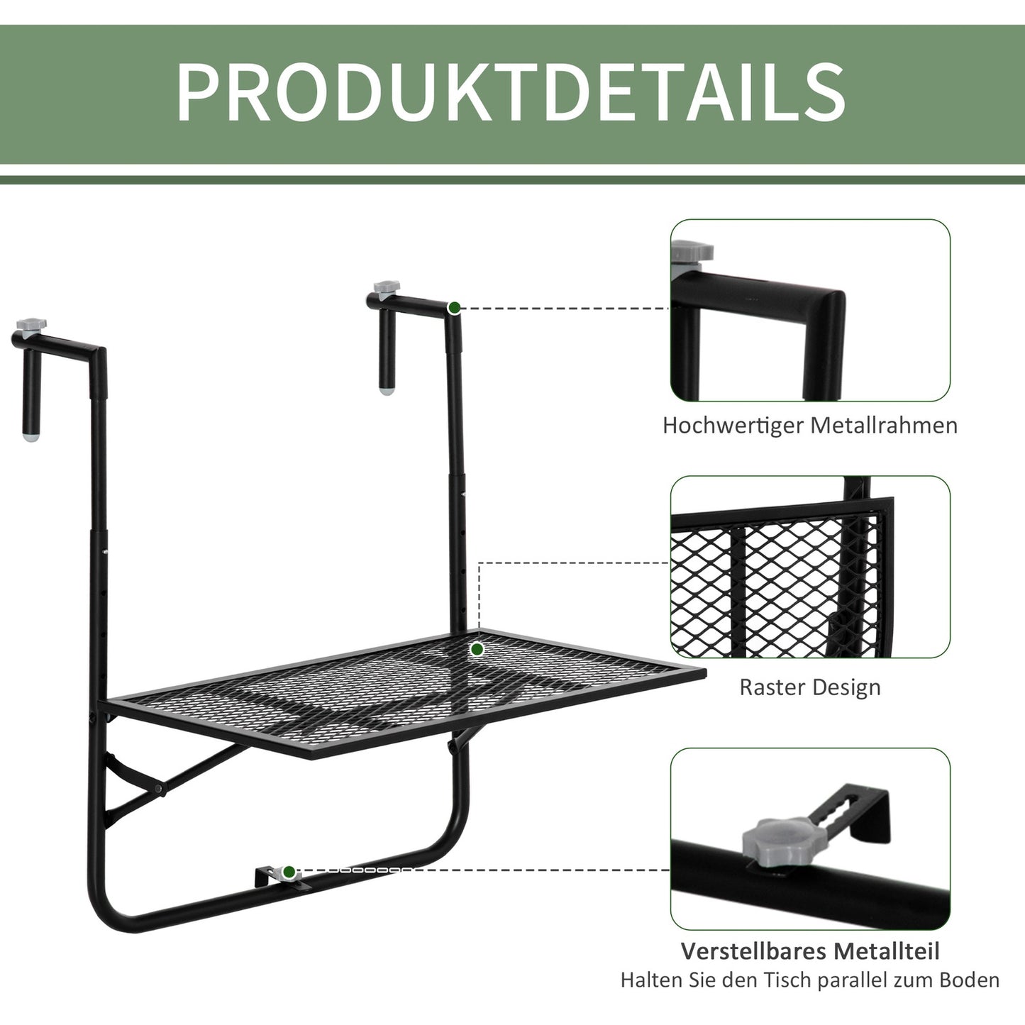 Folding black metal balcony table - weatherproof, height adjustable