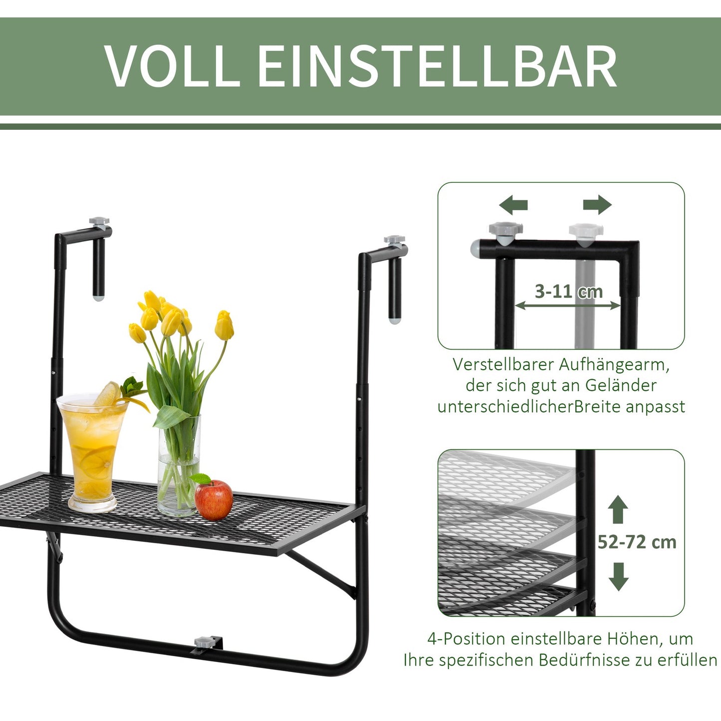 Folding black metal balcony table - weatherproof, height adjustable