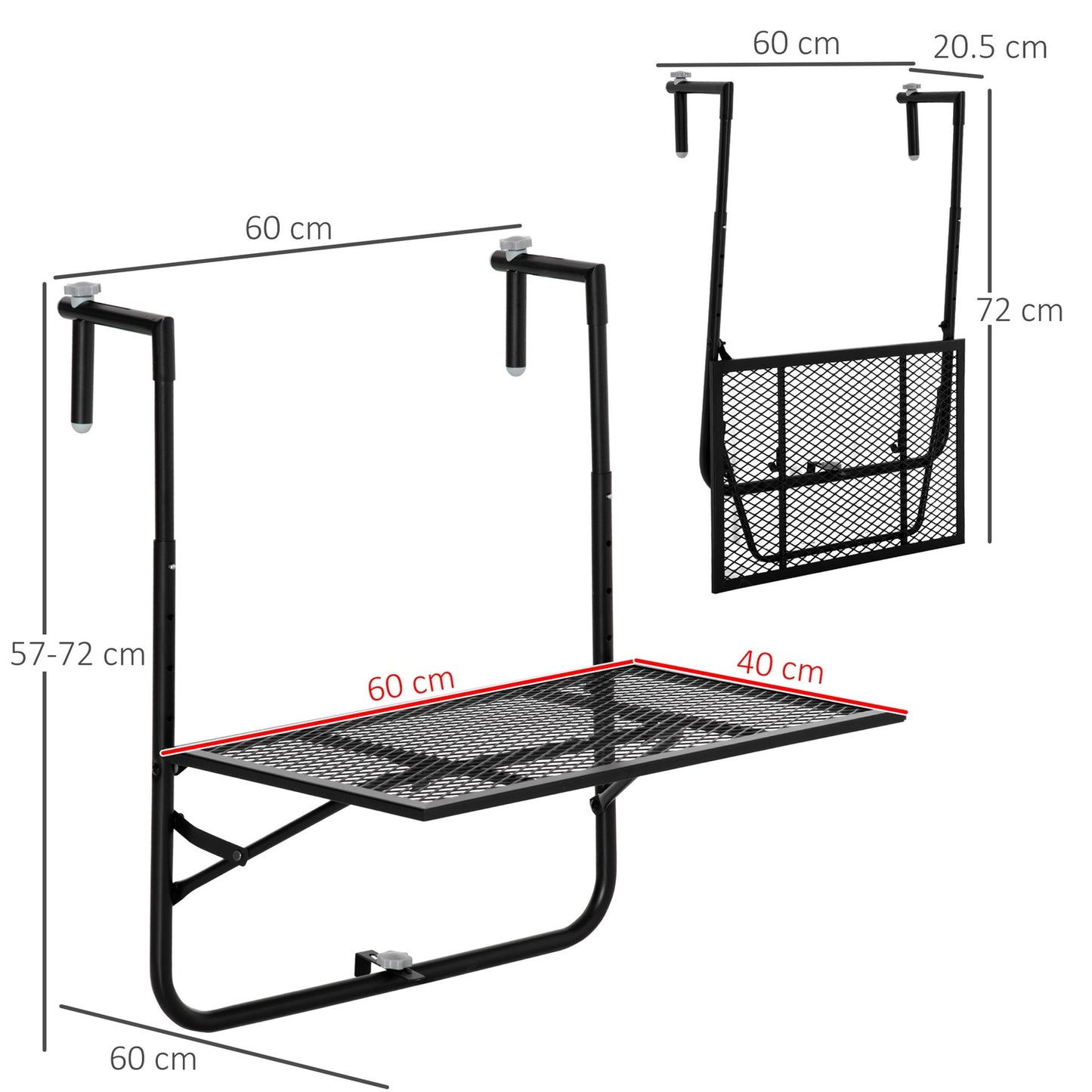 Folding black metal balcony table - weatherproof, height adjustable