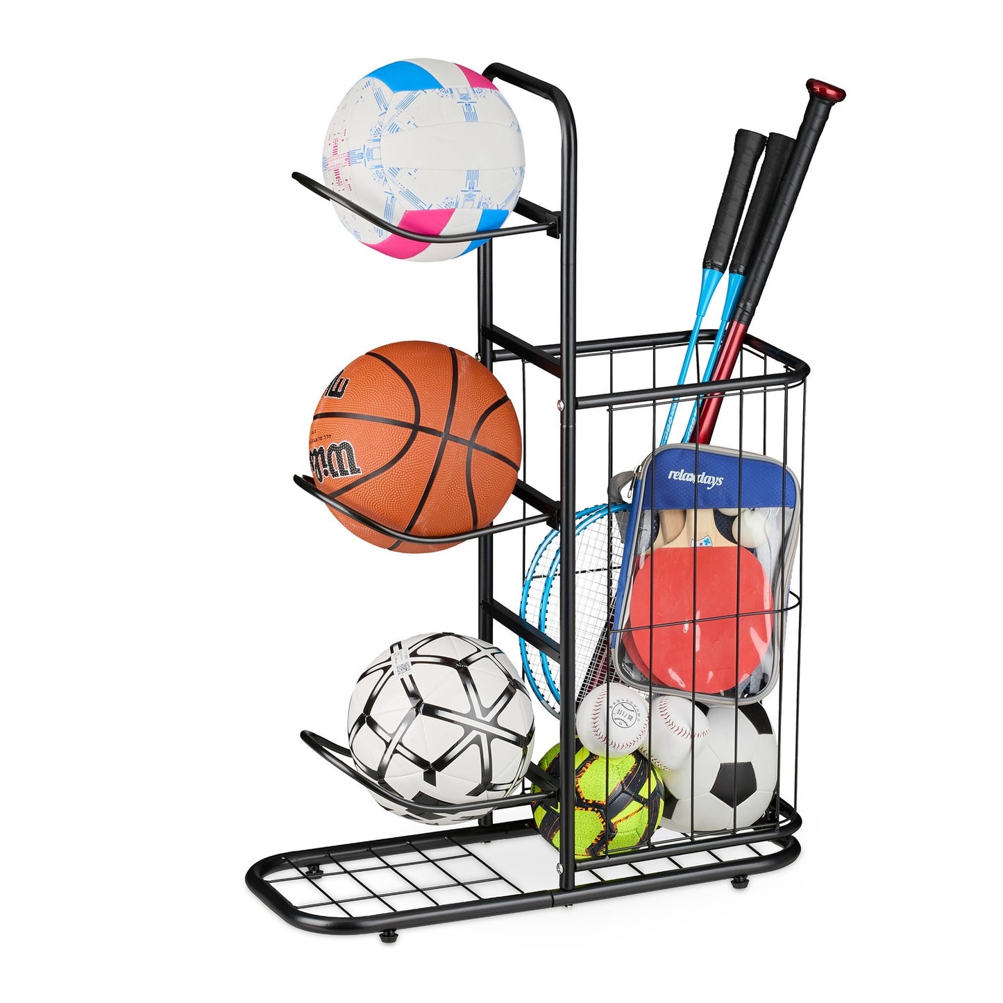 Ball Rack with 4 Shelves & Basket for Sports Equipment