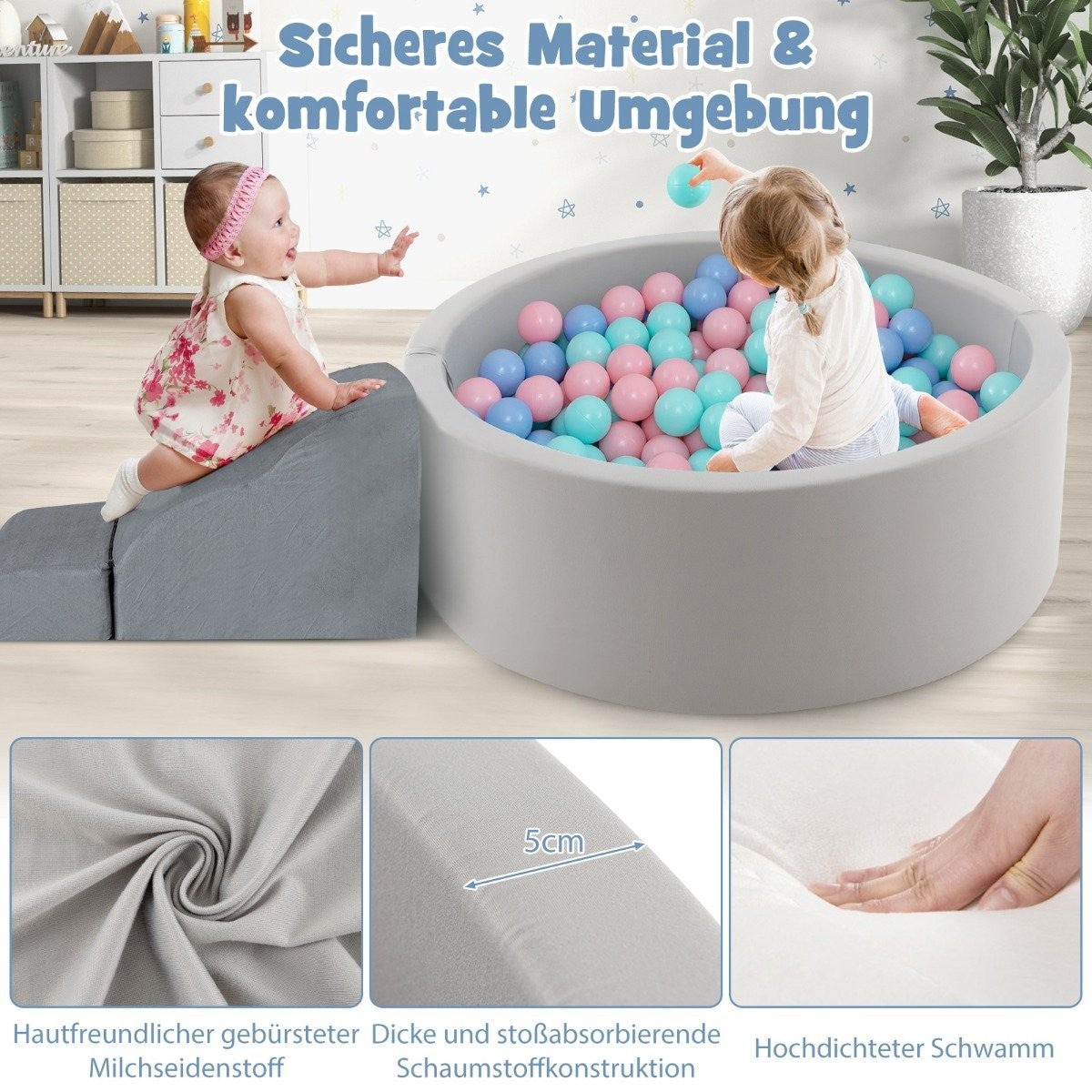 Ball pool with 200 balls Ball pool 90 x 30 cm including removable floor mat gray