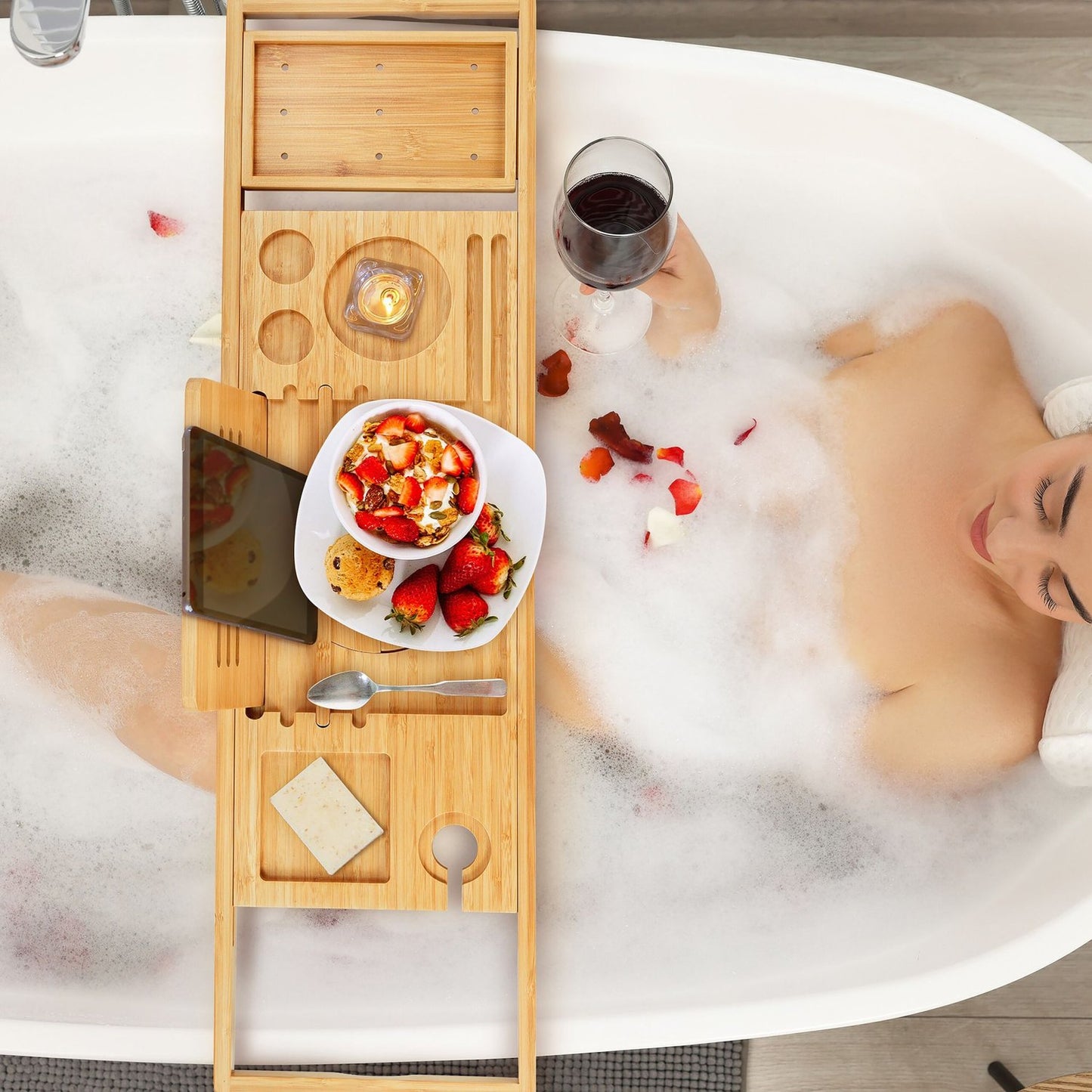 Bamboo Bath Tray with Adjustable Book and Wine Holder