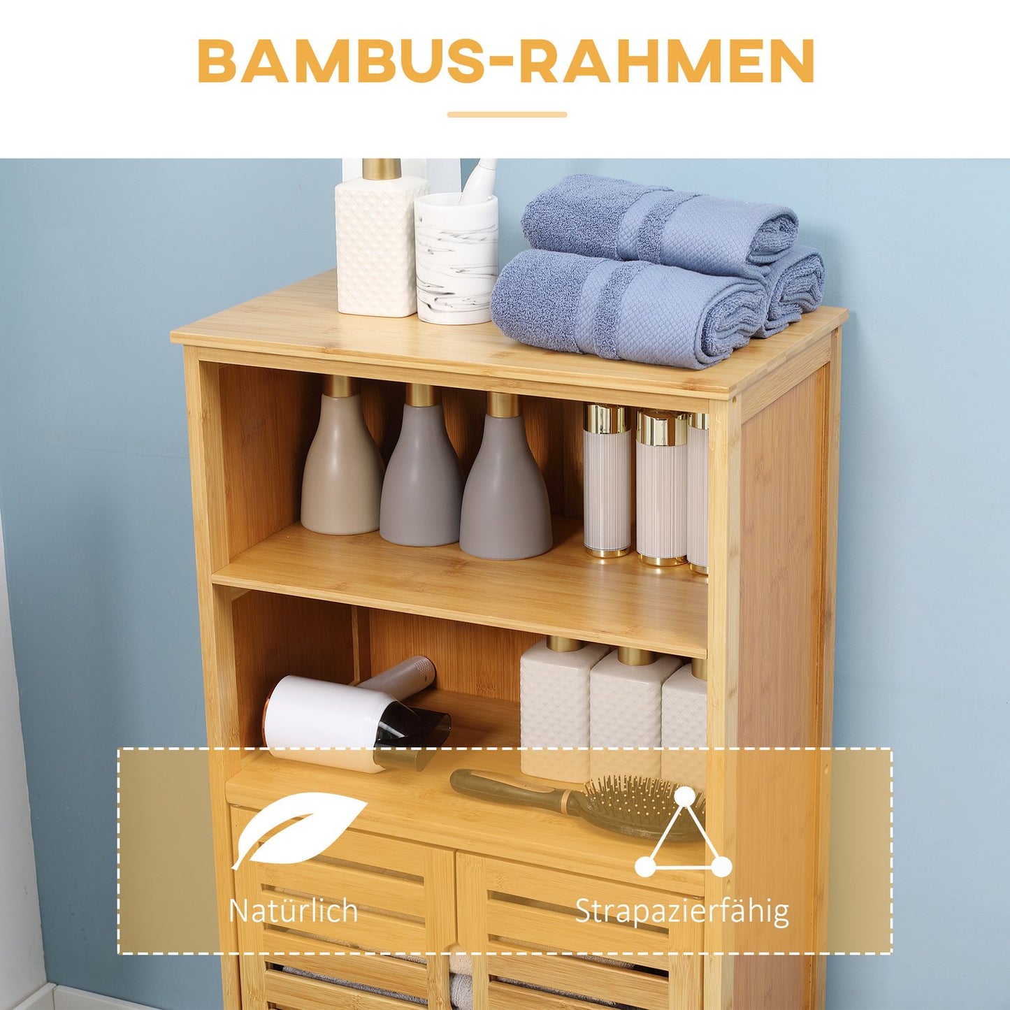 Bamboo bathroom cabinet with slatted doors, anti-tip design