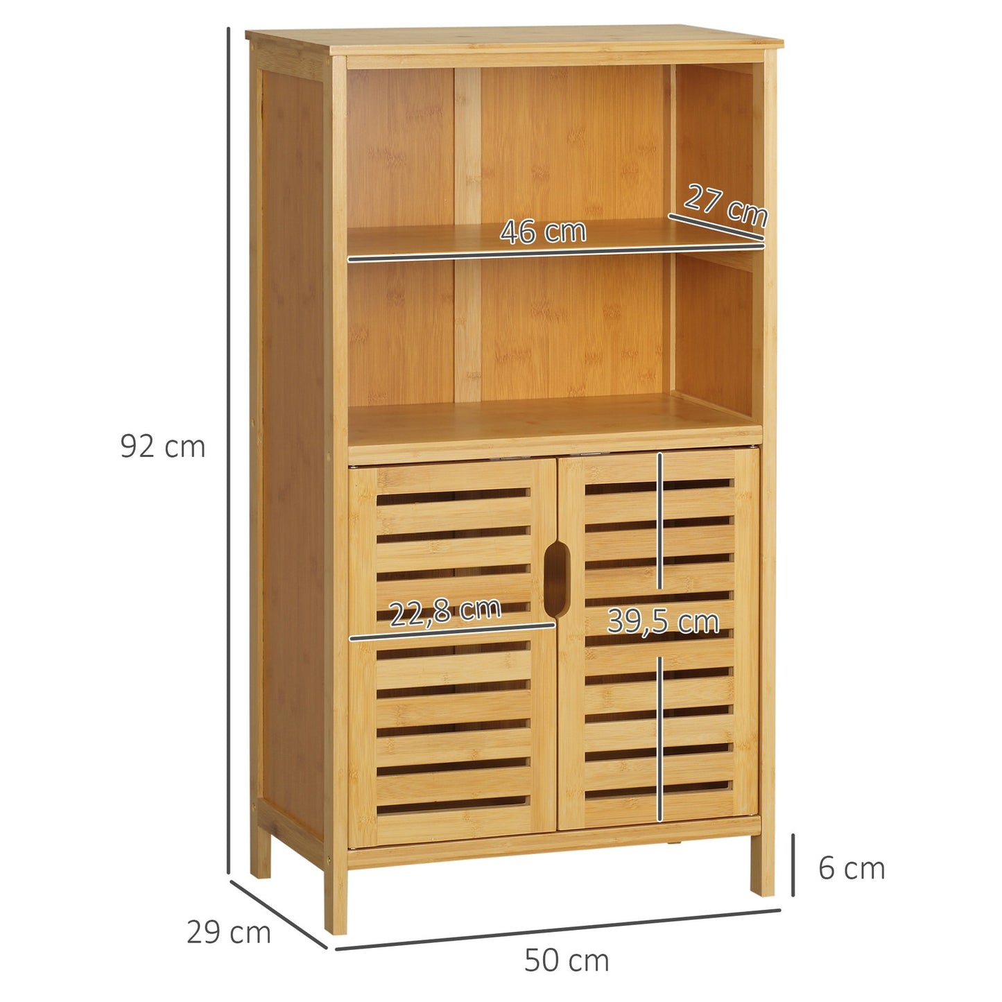 Bamboo bathroom cabinet with slatted doors, anti-tip design