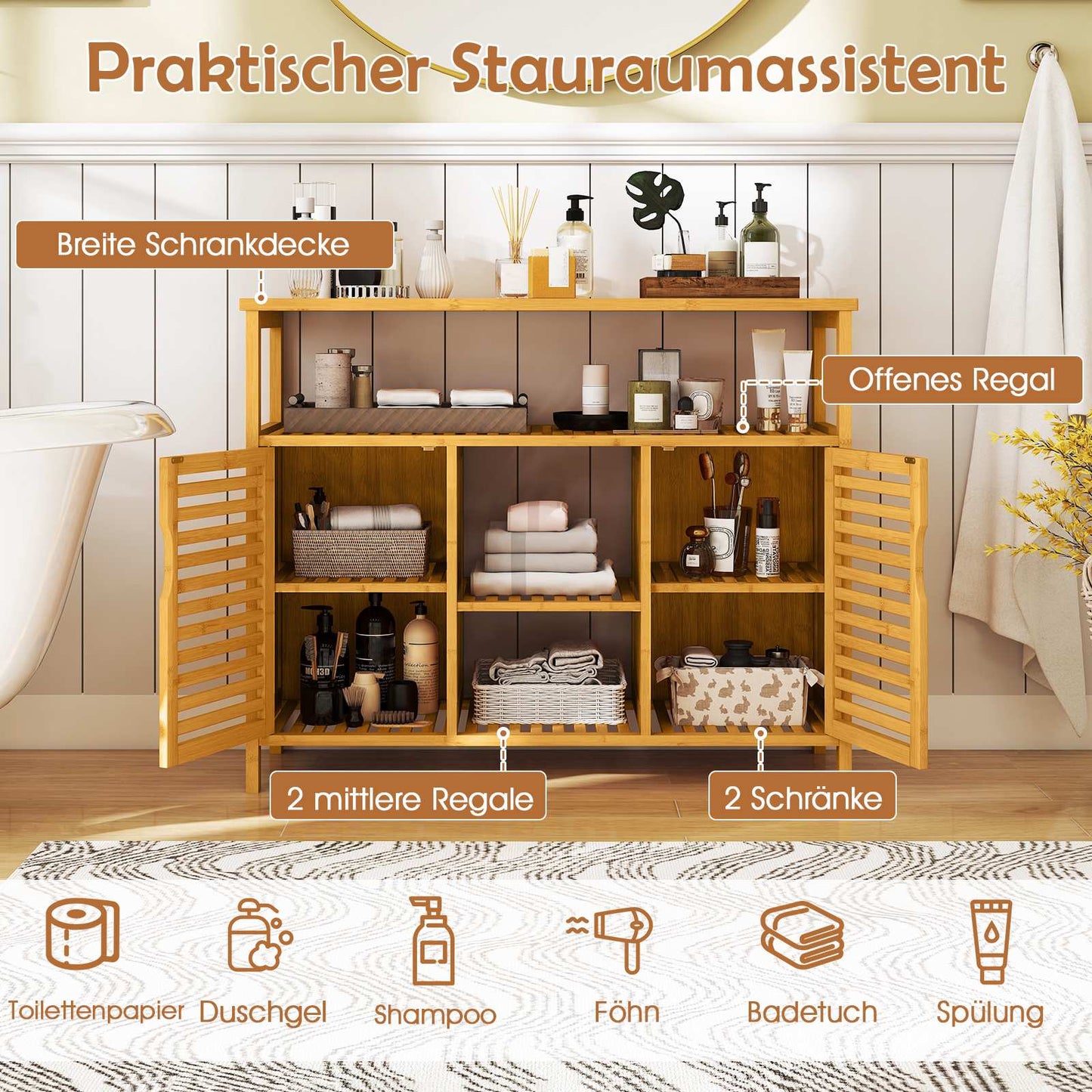 Bamboo Bathroom Cabinet with 2 Doors and Open Shelves