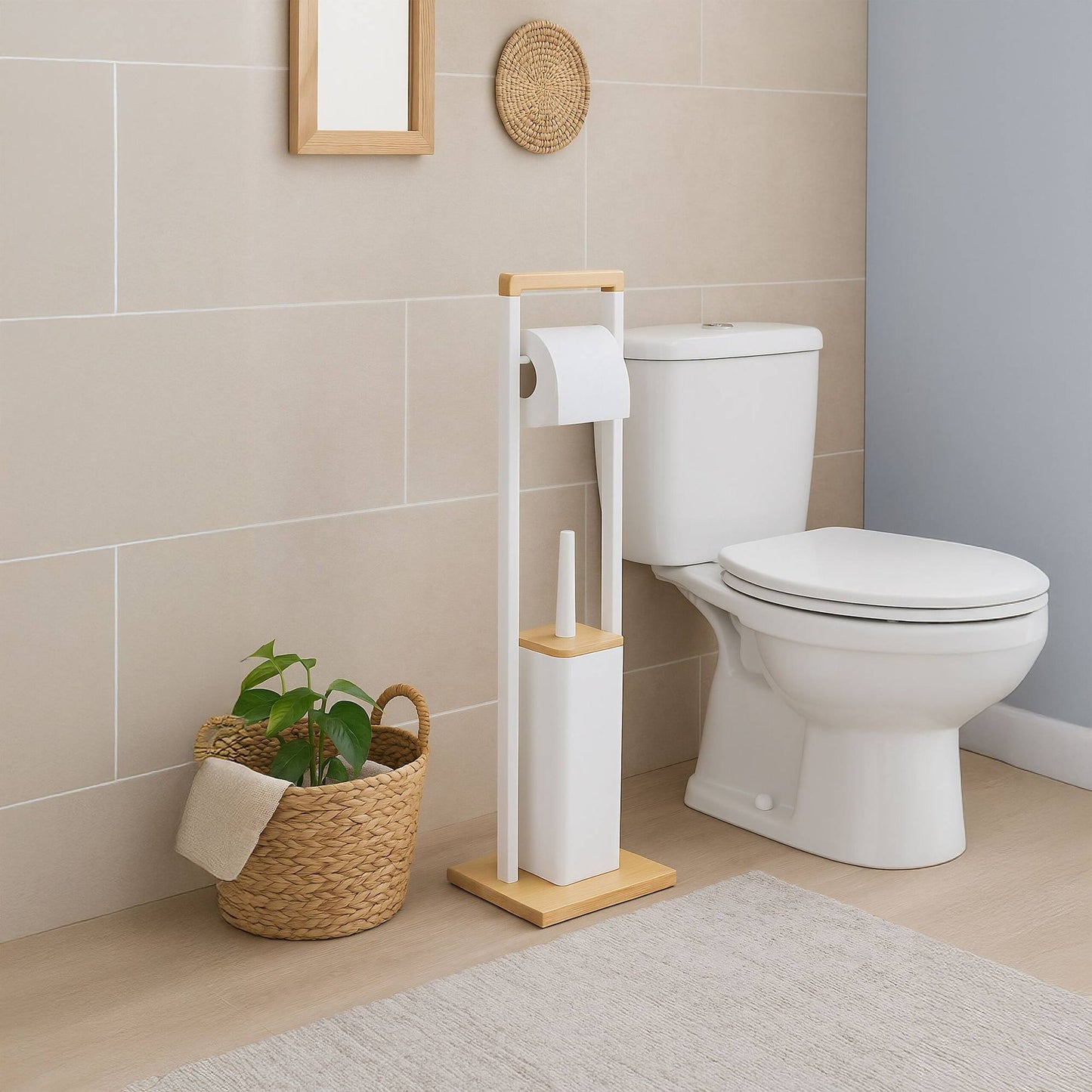 Bamboo Bathroom Set with Toilet Paper Holder & Brush