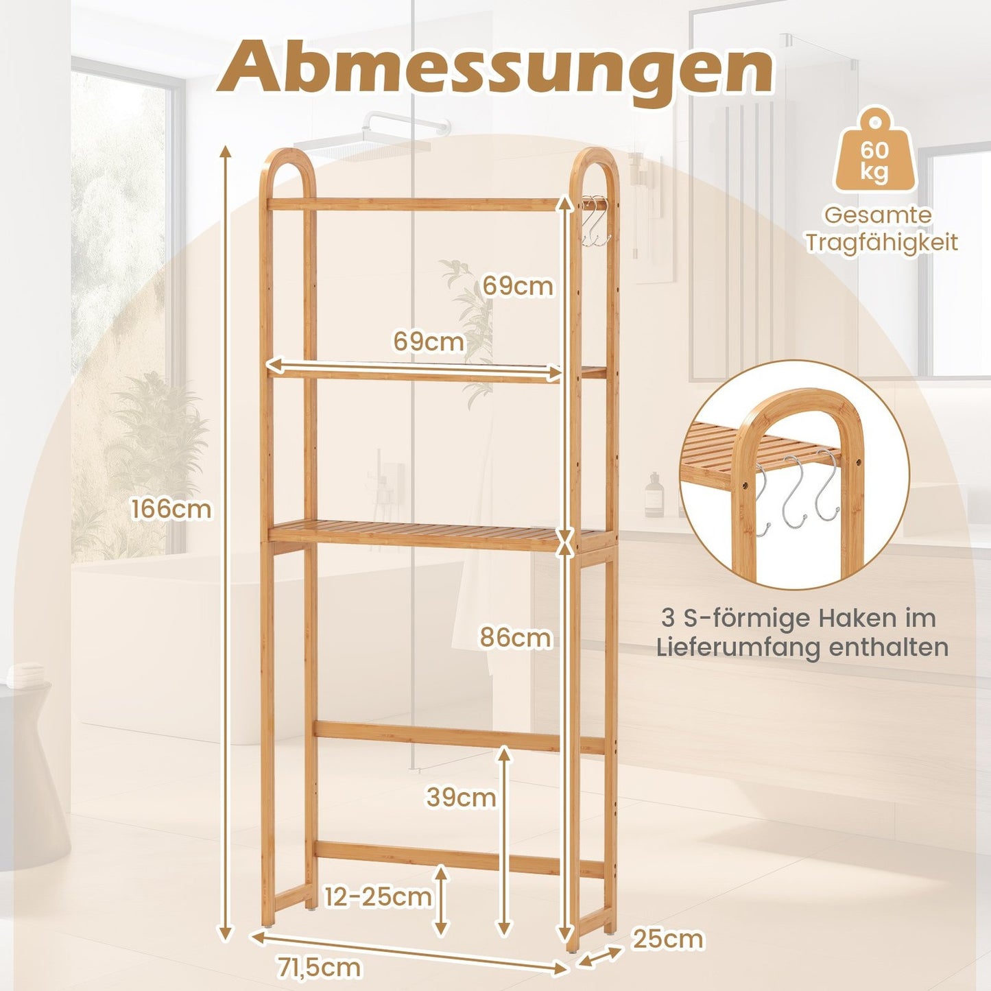 Bamboo Bathroom Shelf – 3-Tier Over-Toilet Storage Unit