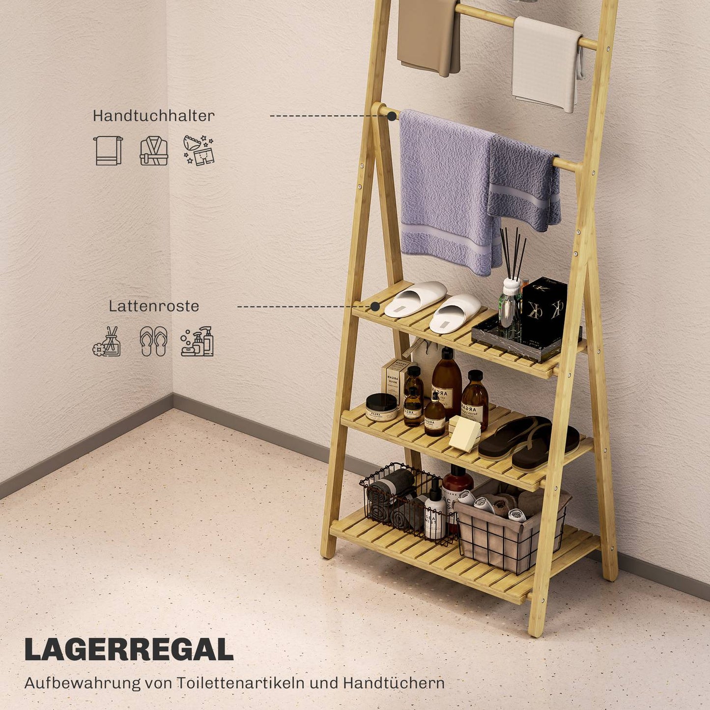 Bamboo Bathroom Shelf with 3 Tiers and Towel Holders
