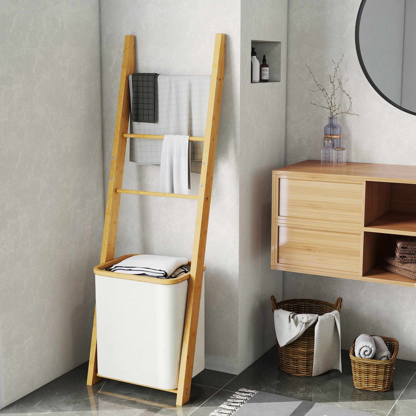 Bamboo Bathroom Shelf with 3 Towel Bars & 48L Laundry Basket