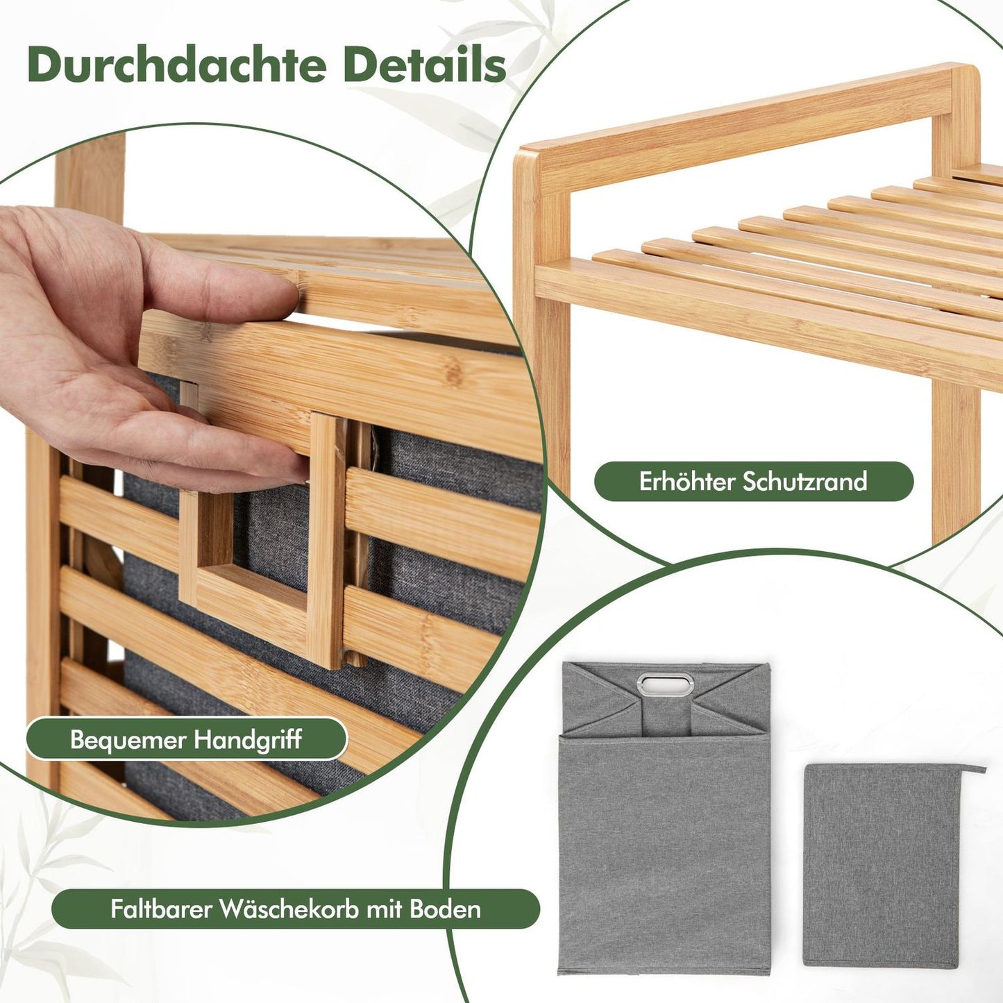 Bamboo Bathroom Shelf with Foldable Laundry Basket, 2 Shelves