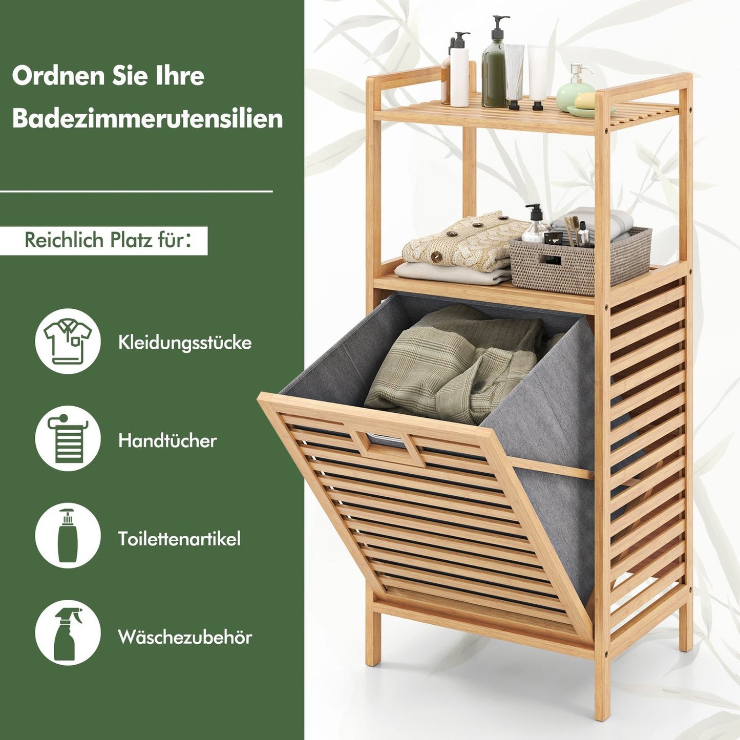 Bamboo Bathroom Shelf with Foldable Laundry Basket, 2 Shelves