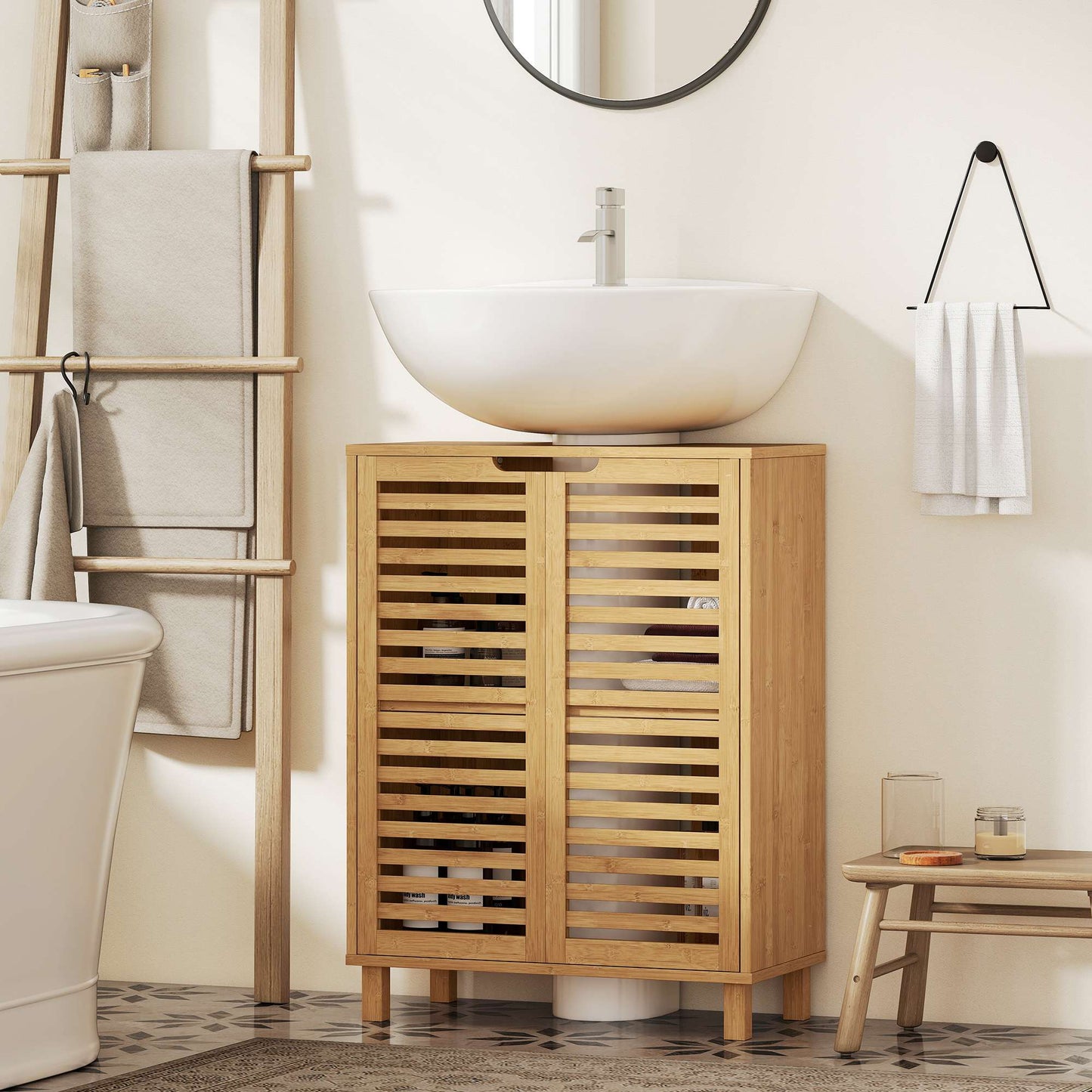 Bamboo Bathroom Vanity Cabinet, Adjustable Shelves, Natural