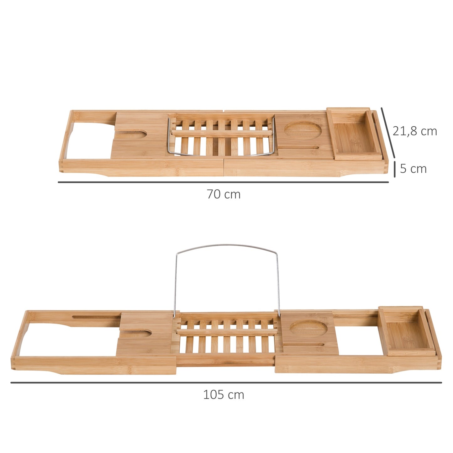 Adjustable bamboo bathtub shelf with cushion, natural wood