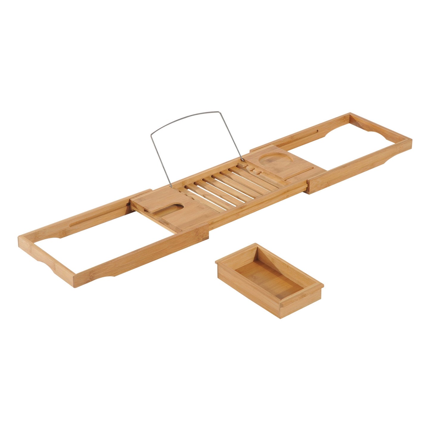 Adjustable bamboo bathtub shelf with cushion, natural wood