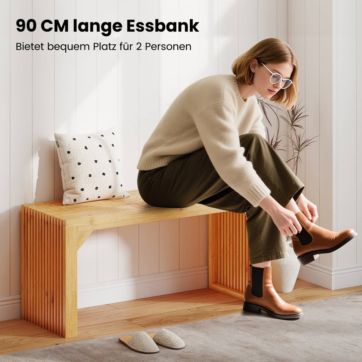 Bamboo Bench for 2, 300kg Capacity, 90x33x43 cm