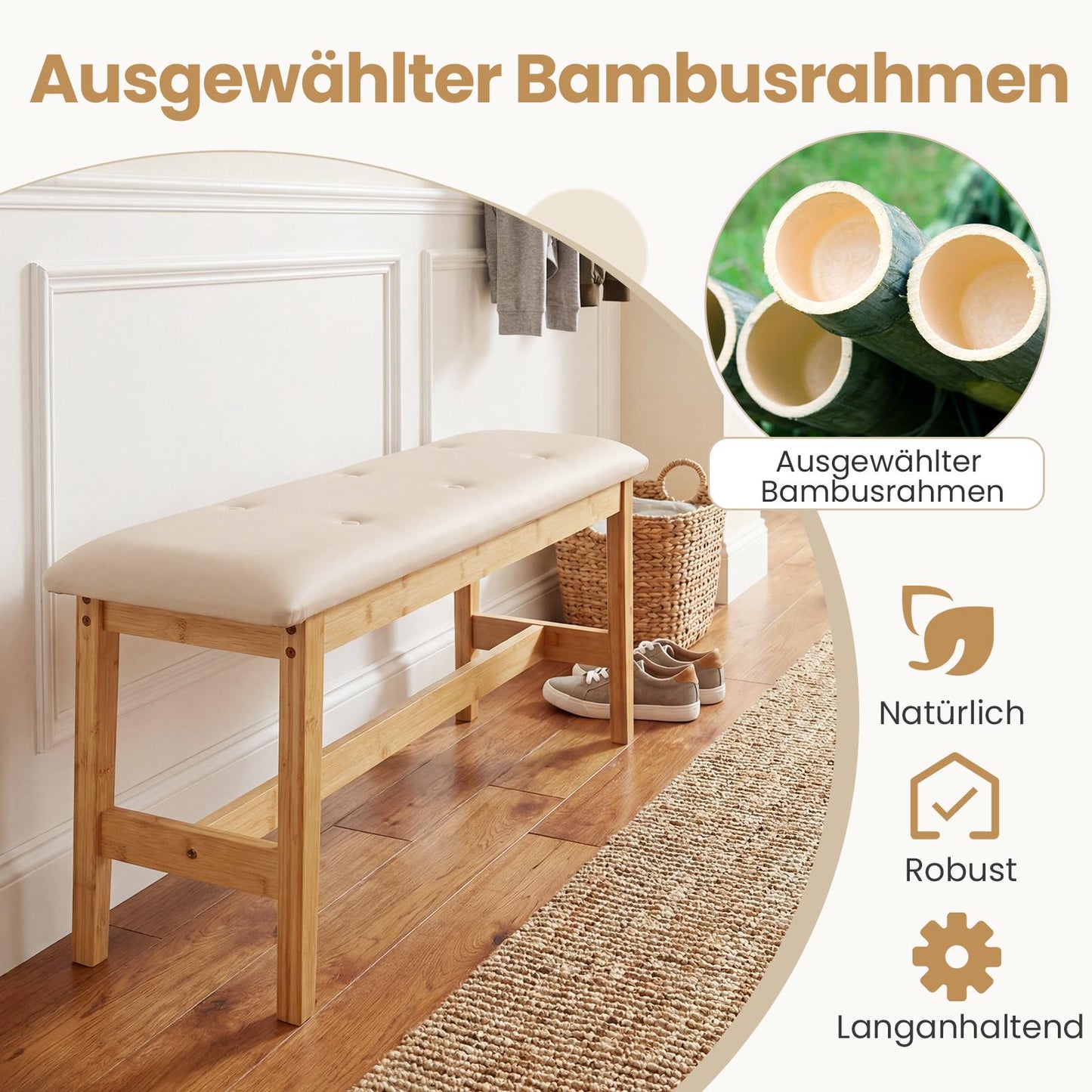 Bamboo Bench with Faux Leather Cushion, 100cm, Beige
