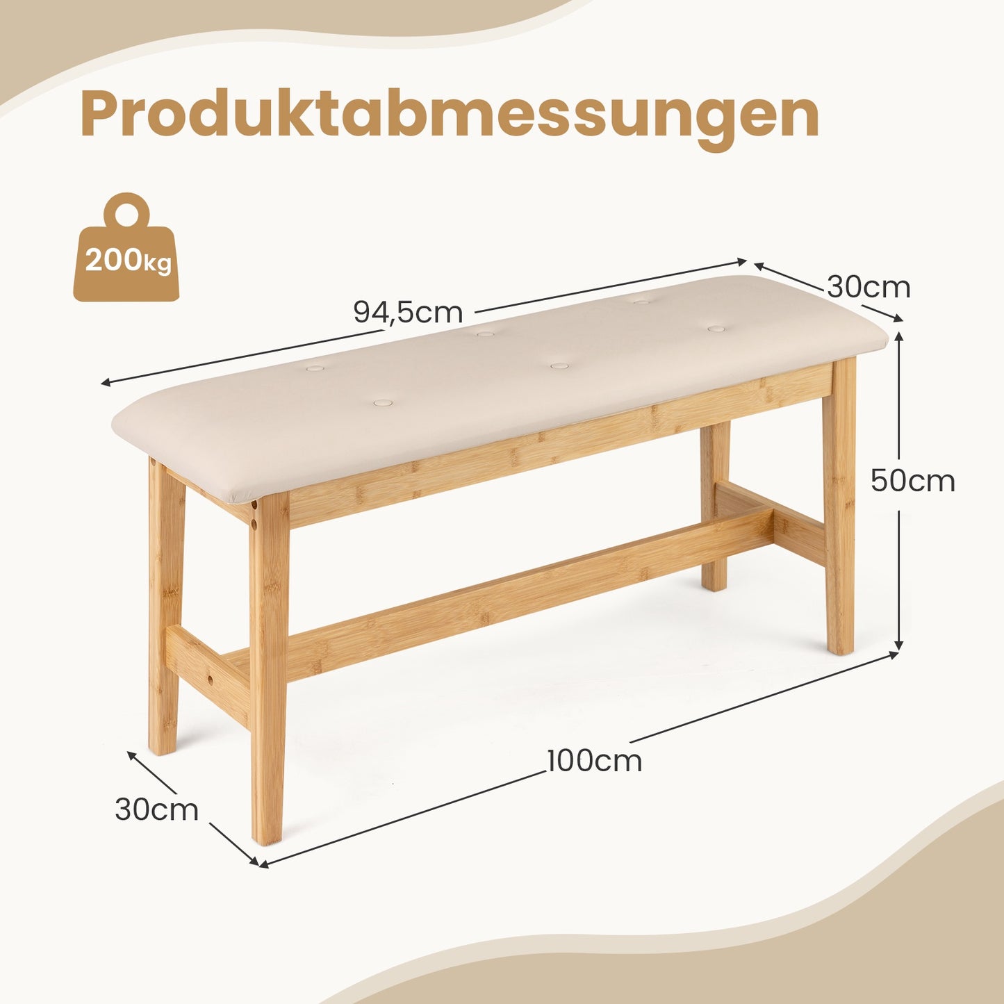 Bamboo Bench with Faux Leather Cushion, 100cm, Beige