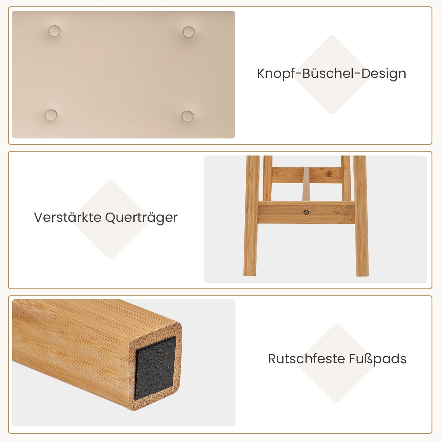 Bamboo Bench with Faux Leather Cushion, 100cm, Beige