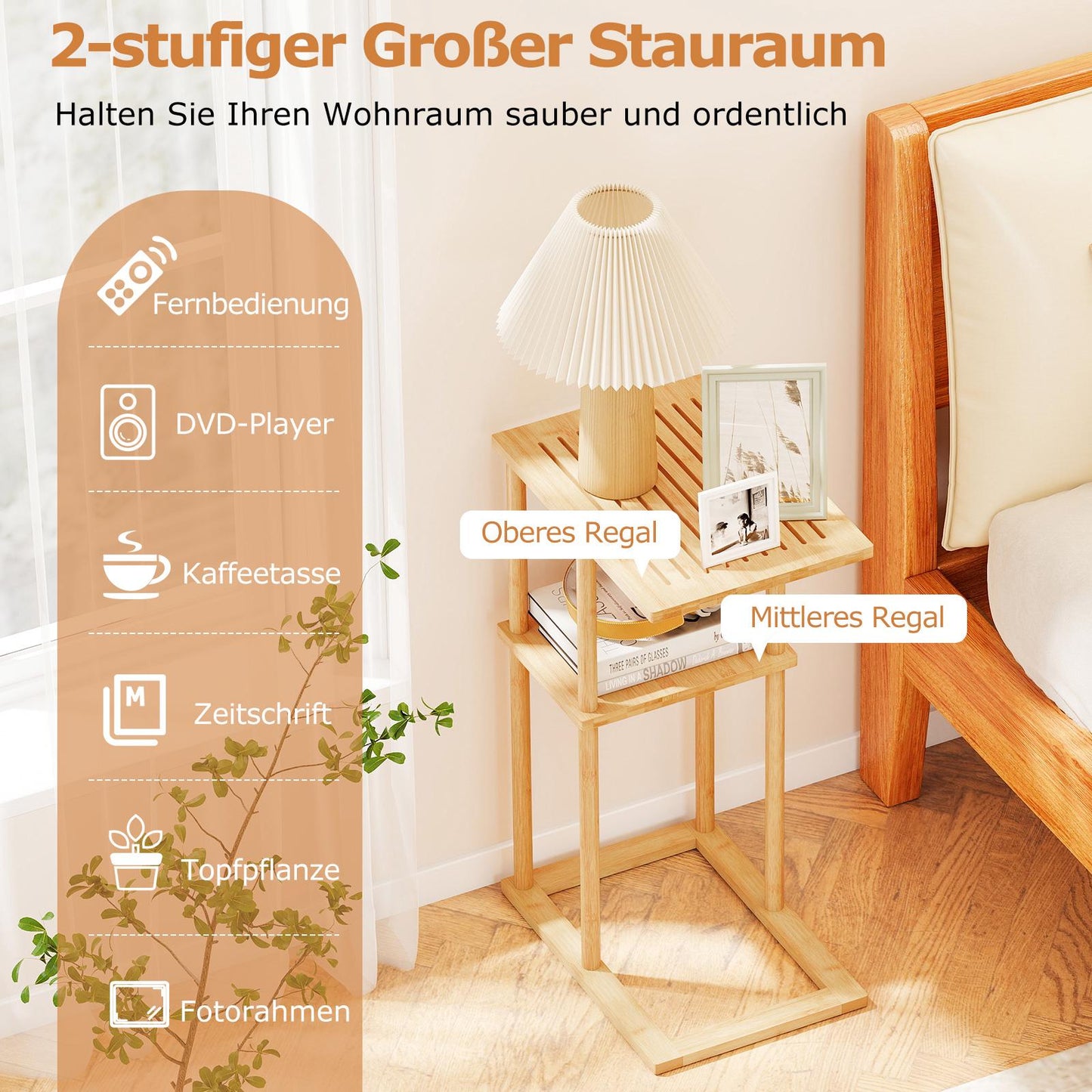Bamboo C-Shaped Side Table Set, 2-Tier, 40x28x65 cm