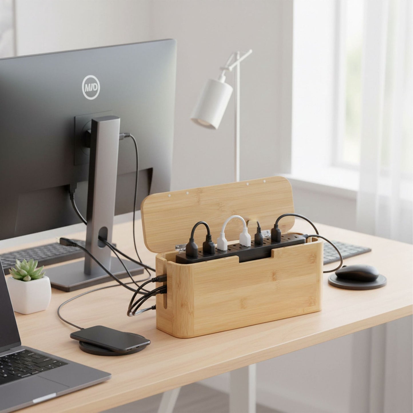 Bamboo Cable Box with Magnetic Lid – Fits 6-Socket Lead