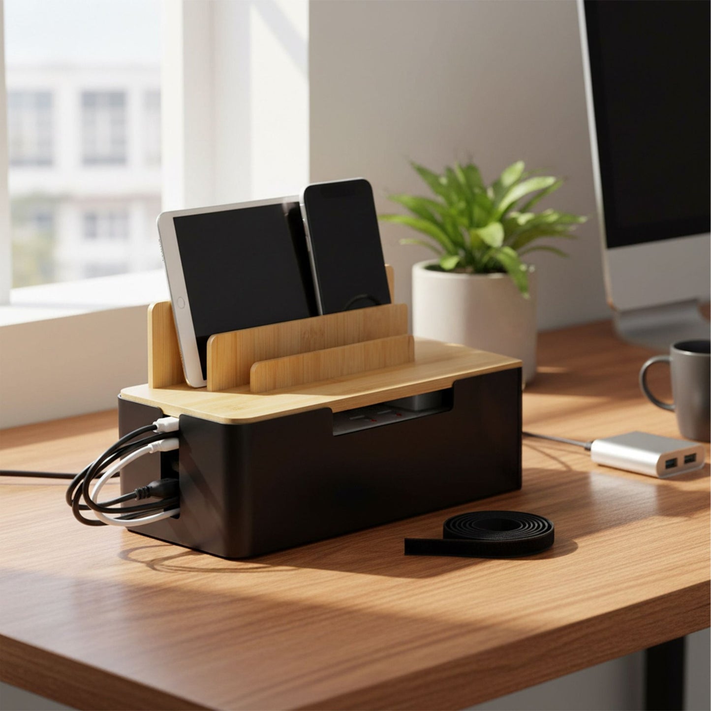 Bamboo Cable Organizer Box with Phone & Tablet Holders