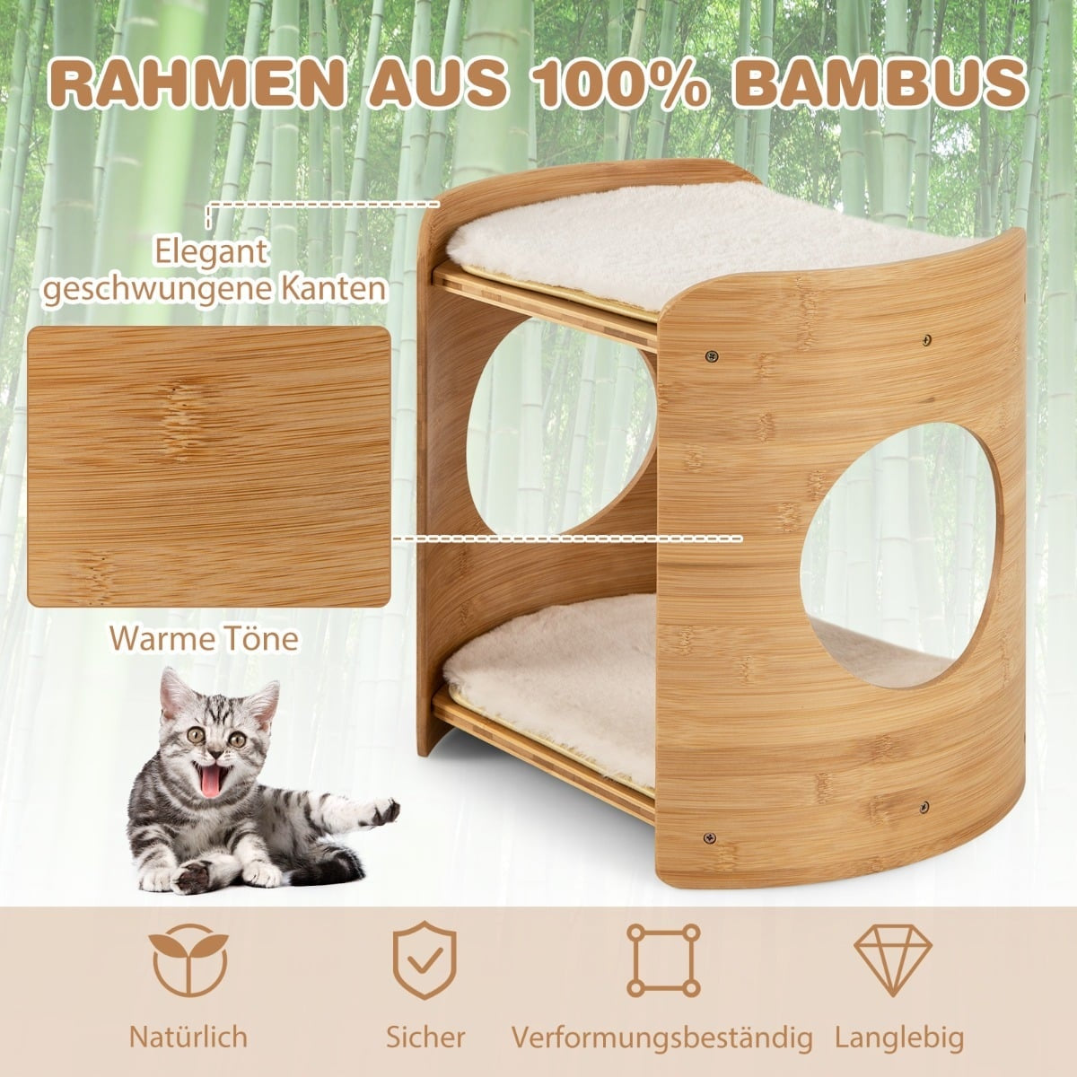 Bamboo Cat Bed with Removable Plush Mats, 2 Levels