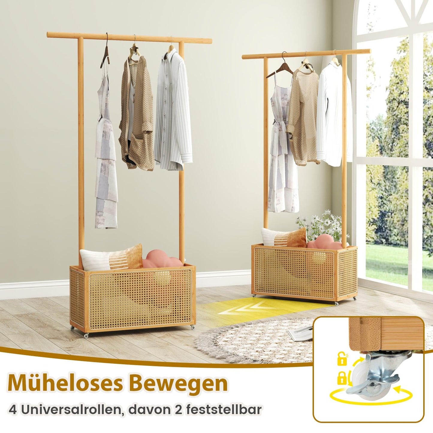 Bamboo Clothes Rack with Rattan Basket & Wheels, 100x32.5x172 cm