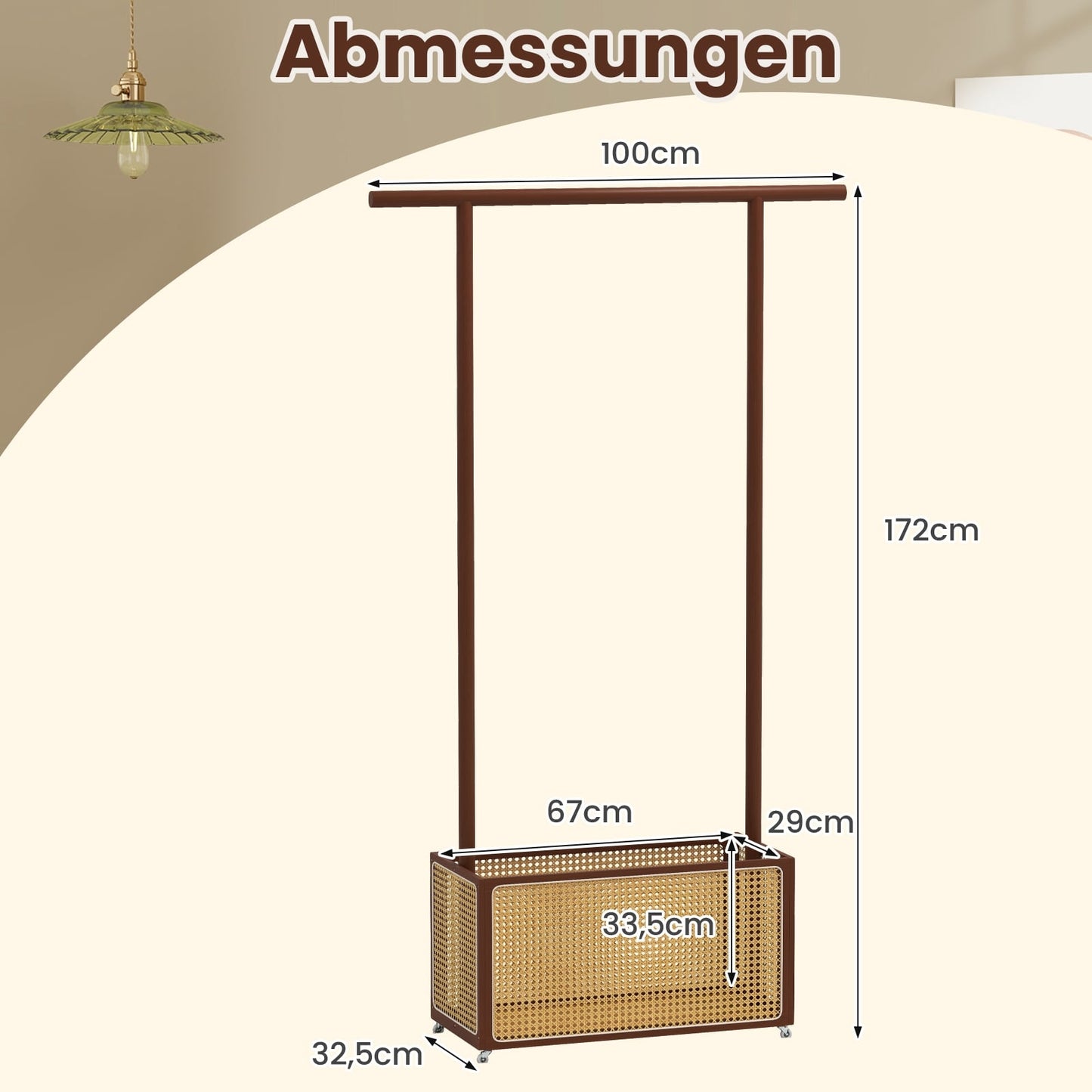 Bamboo Clothes Rack with Rattan Basket & Wheels, Brown