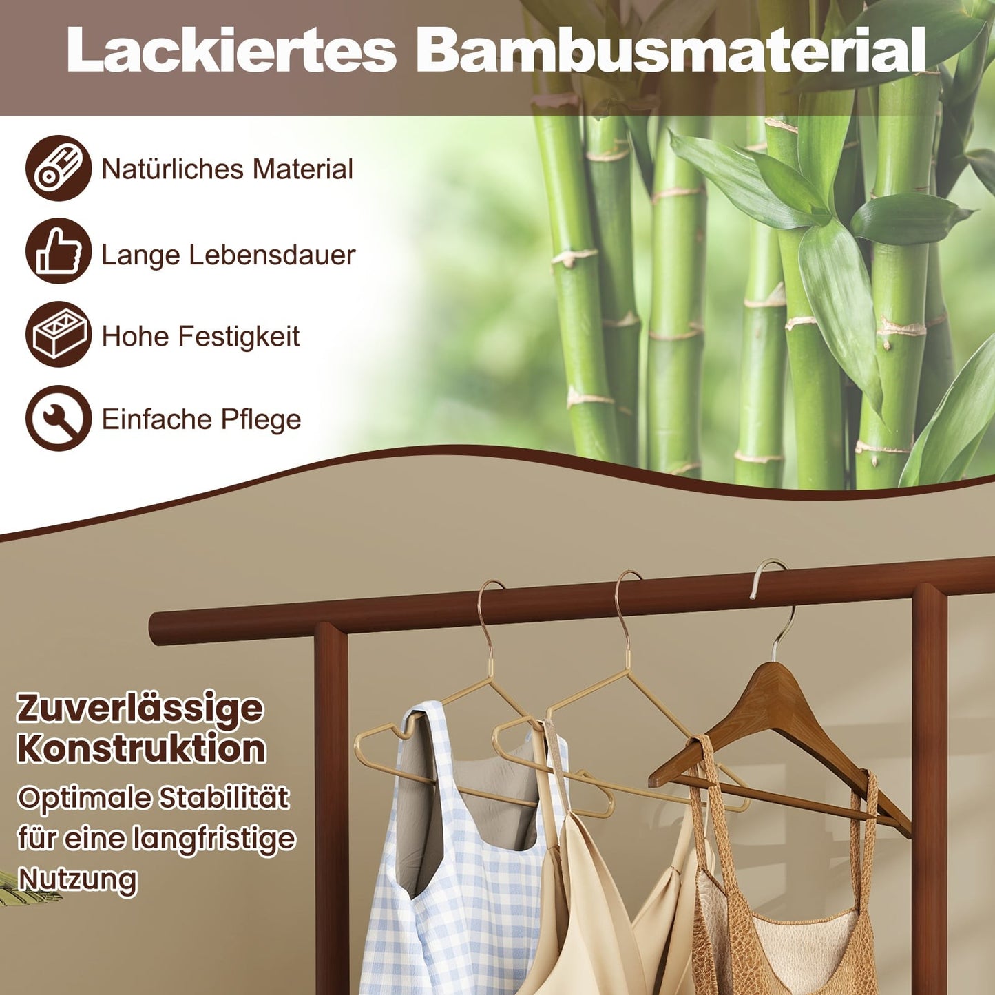 Bamboo Clothes Rack with Rattan Basket & Wheels, Brown