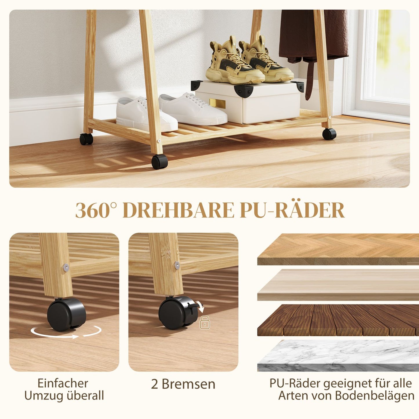 Bamboo Clothes Rack with Wheels, 112cm Hanging Height