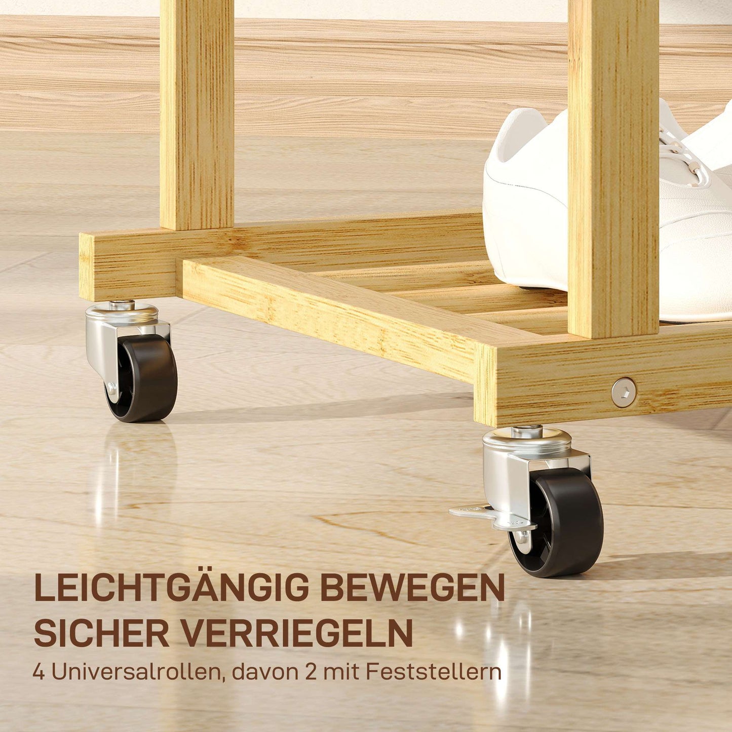 Bamboo Clothes Rack with Wheels, Dual Rods, Shoe Shelf