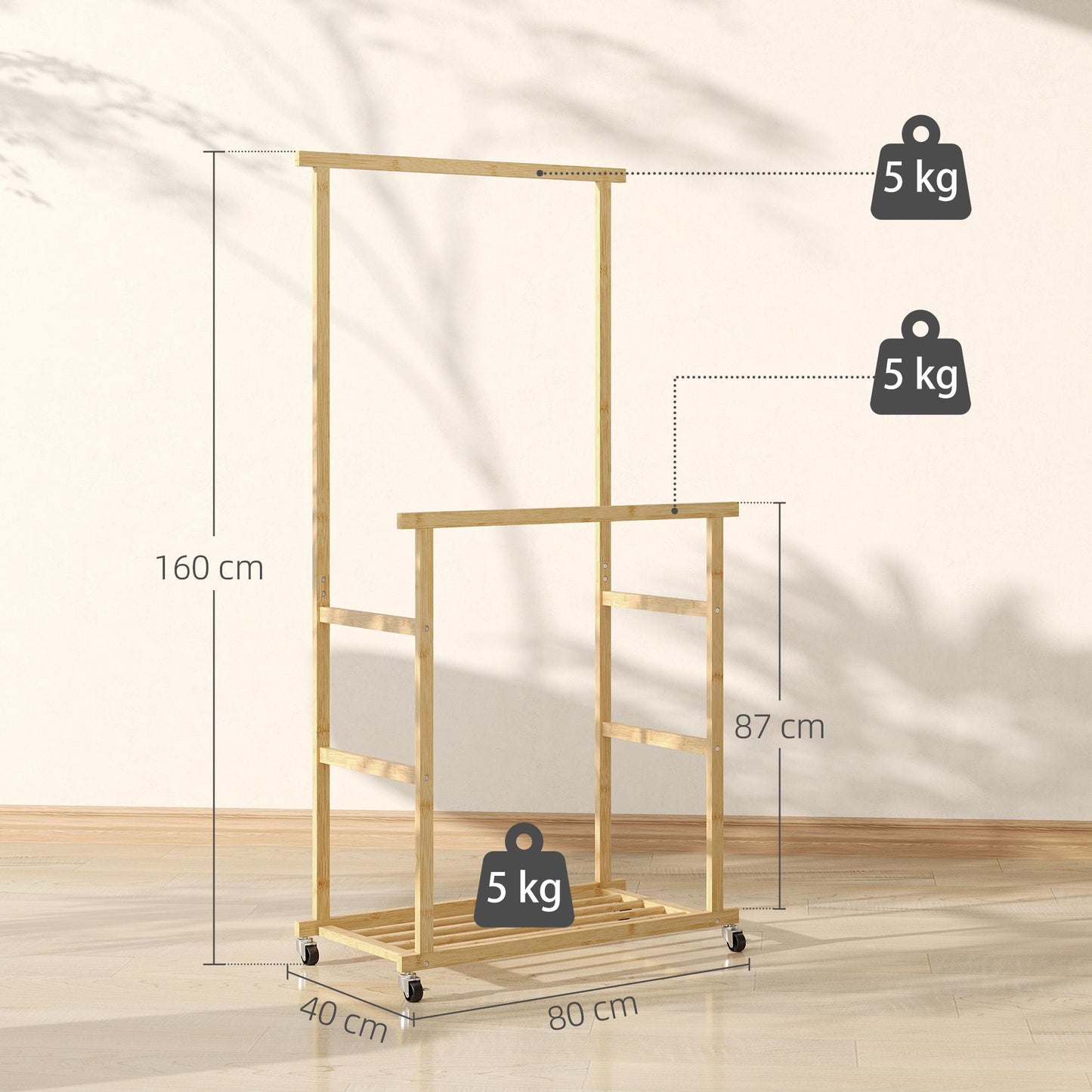 Bamboo Clothes Rack with Wheels, Dual Rods, Shoe Shelf