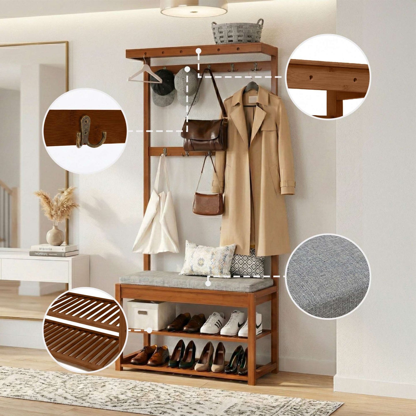 Bamboo Coat Rack and Bench with Storage Shelves