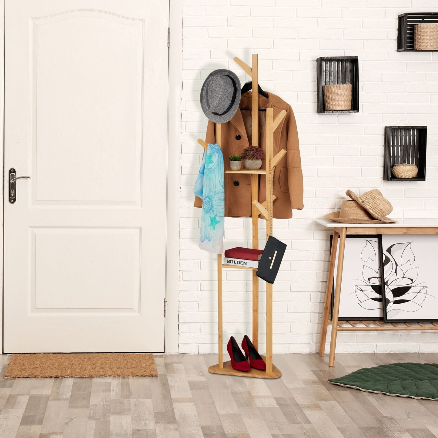 Bamboo Coat Rack with 9 Hooks and 2 Shelves
