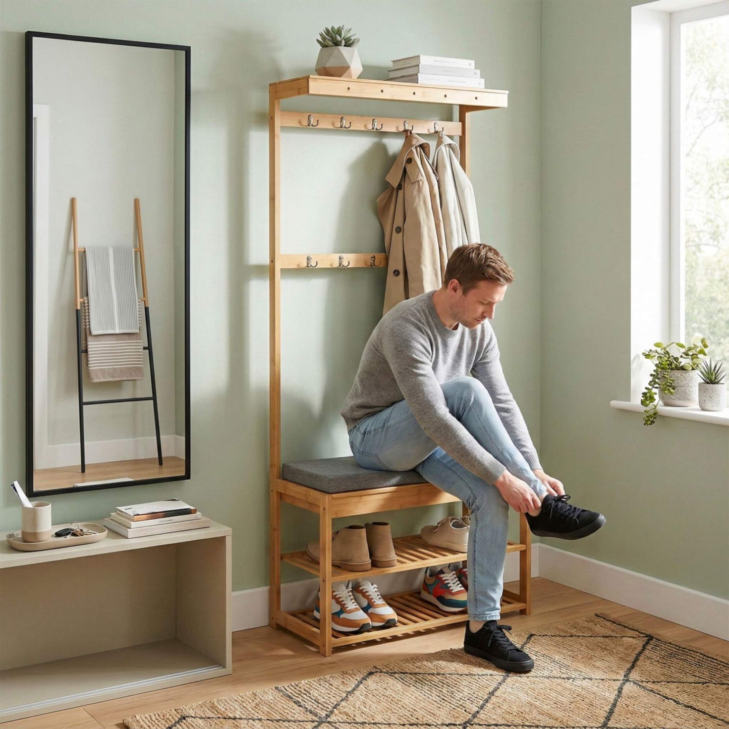 Bamboo Coat Rack with Bench and Storage Shelves