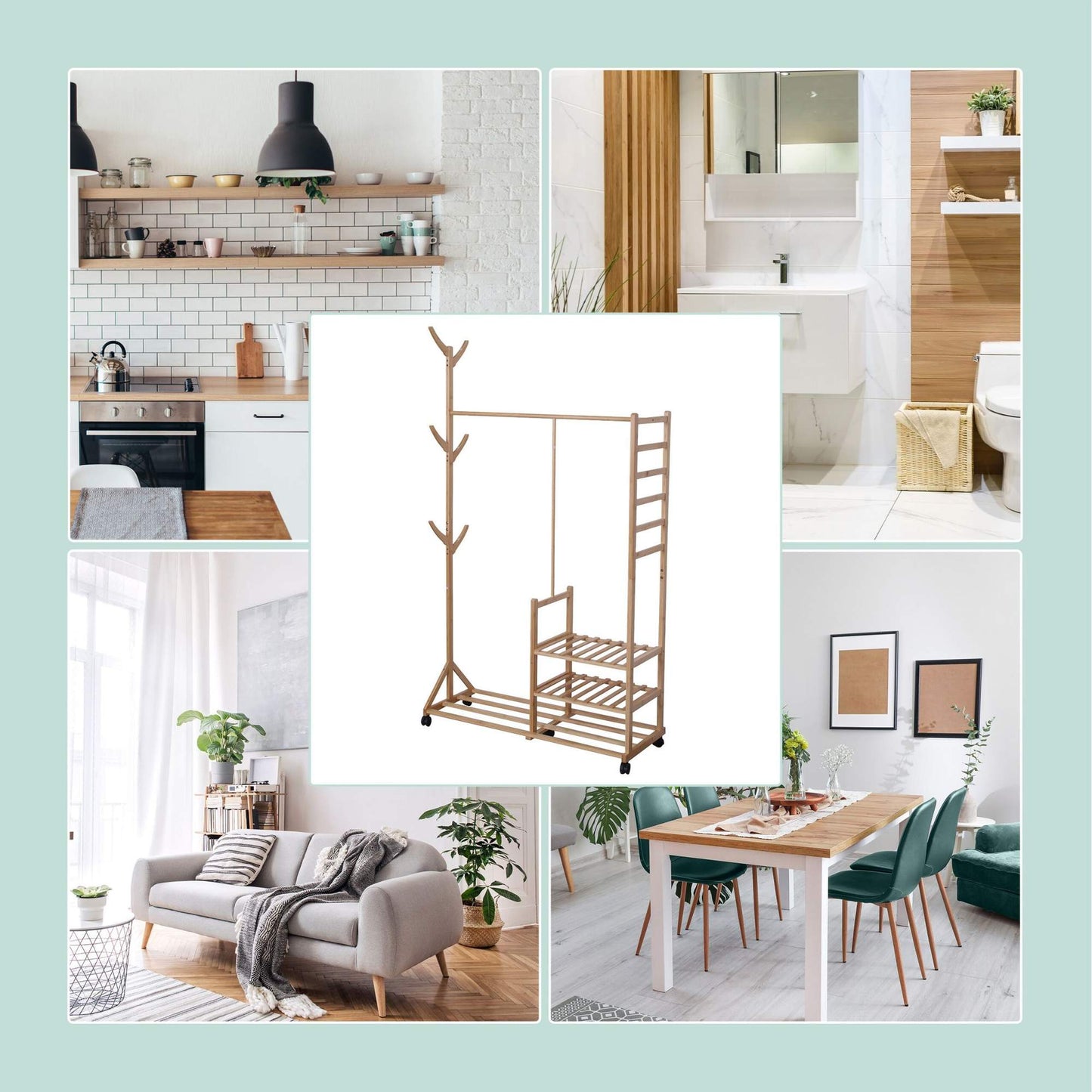 Bamboo Coat Rack with Shelves, Hooks, and Wheels