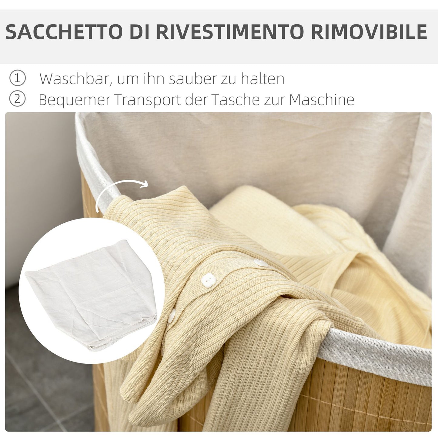 Corner laundry basket in bamboo with lid & removable lining 55L