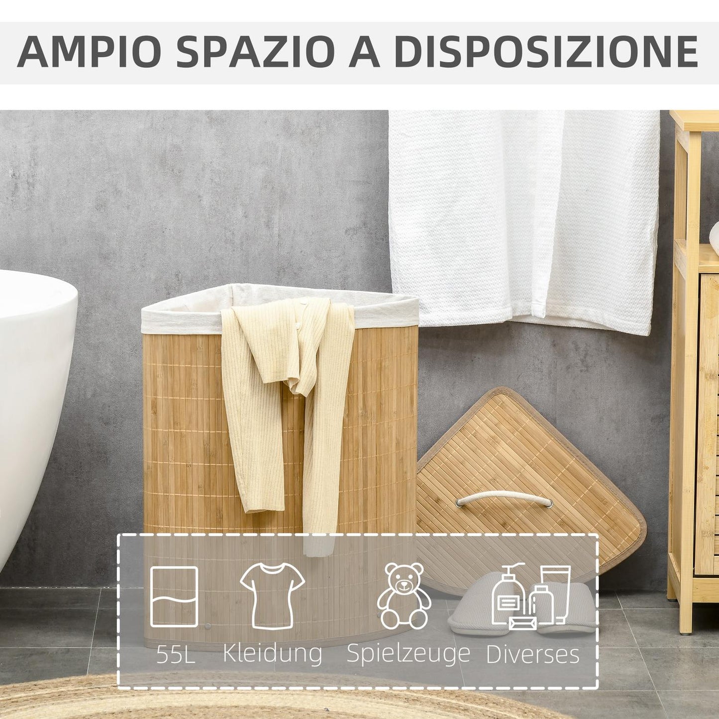 Corner laundry basket in bamboo with lid & removable lining 55L