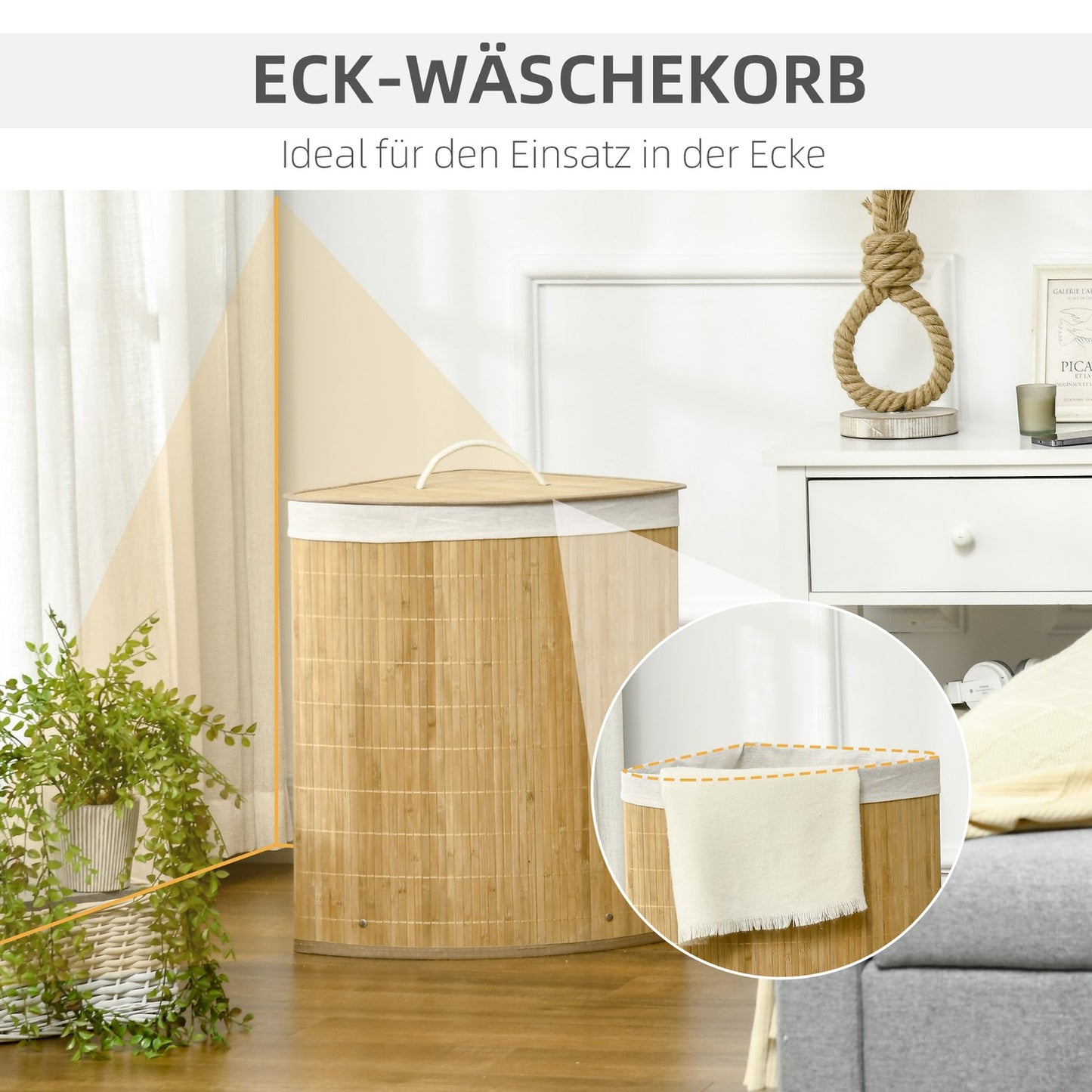 Corner laundry basket in bamboo with lid & removable lining 55L