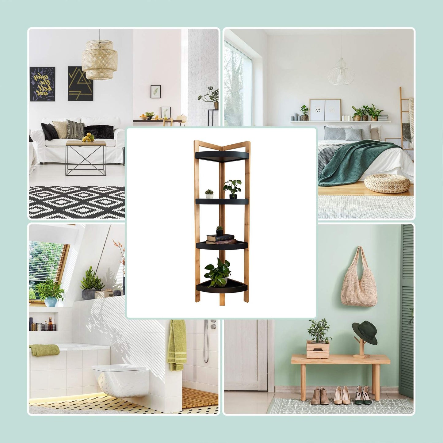 Bamboo Corner Shelf with Racks, Space-Saving Design
