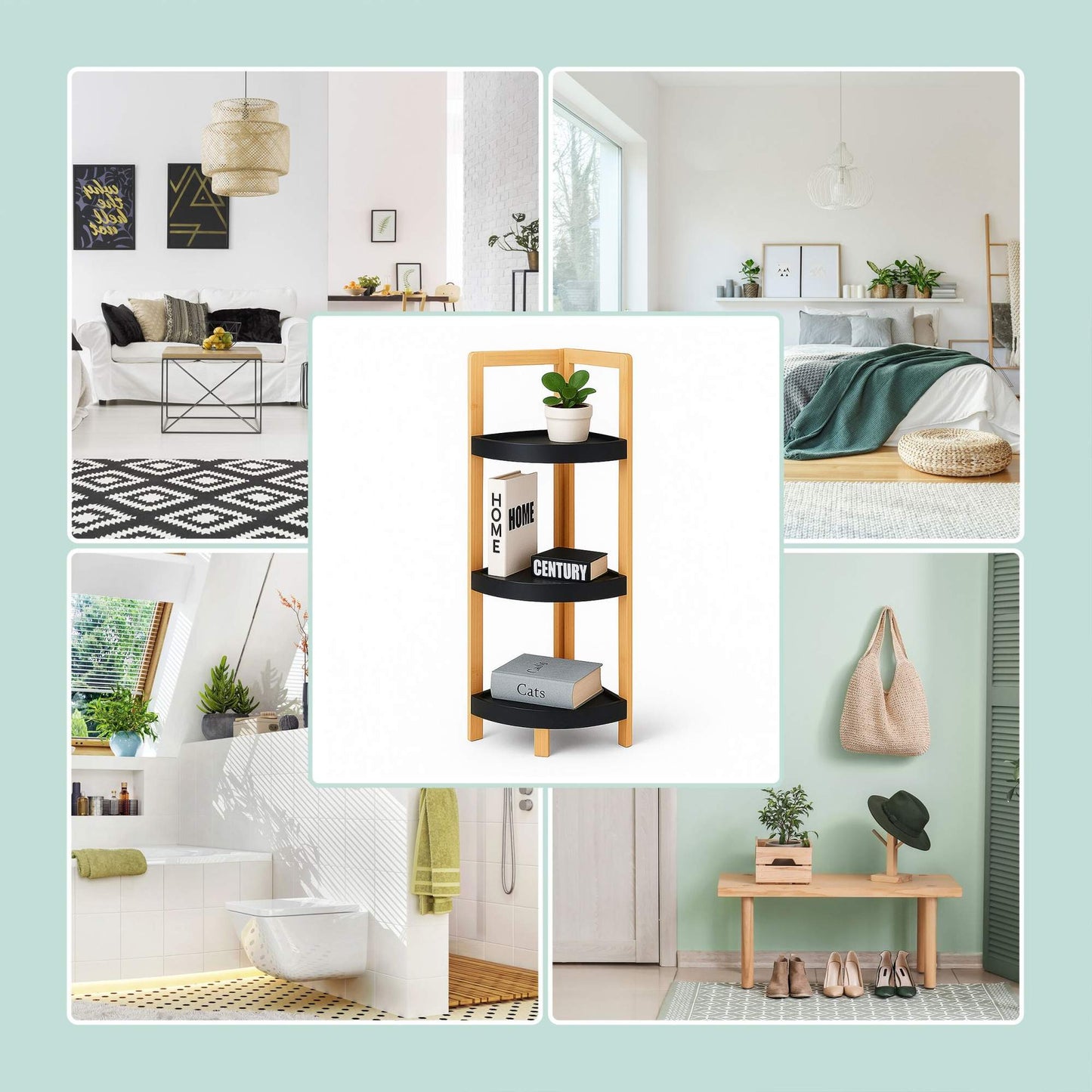 Bamboo Corner Shelf with Racks, Space-Saving Design