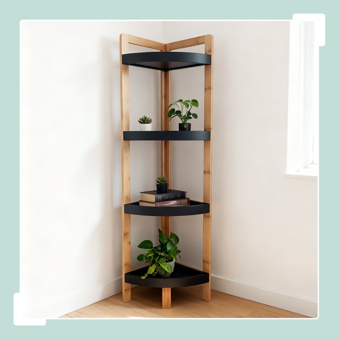 Bamboo Corner Shelf with Racks, Space-Saving Design